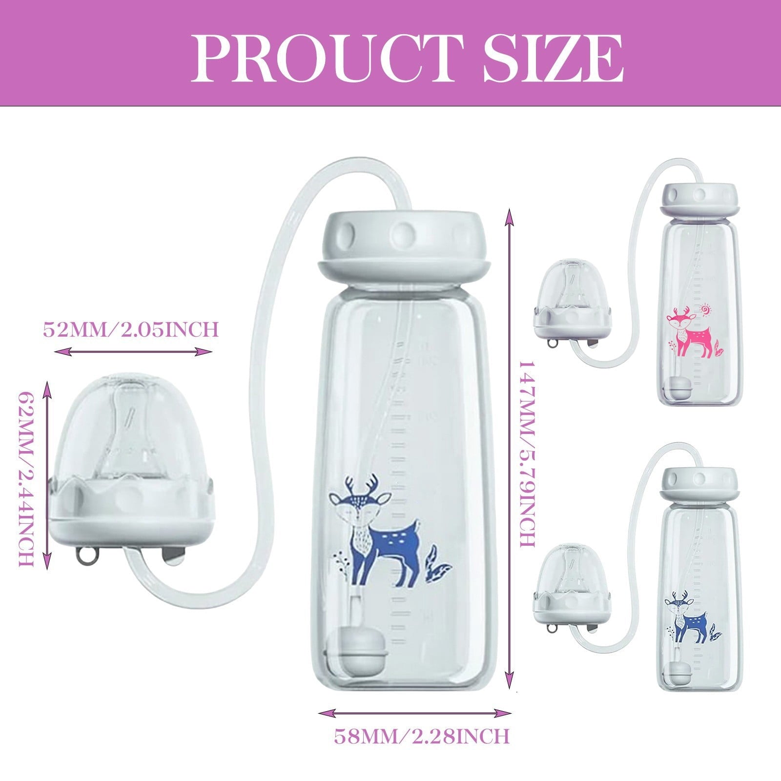 Hands-Free 8oz Milk Bottle with Tube Feeding System, Milk Bottle for Car Seat, Stroller, Fast Nipple for On-the-Go Parents, Pink, By VINOIC