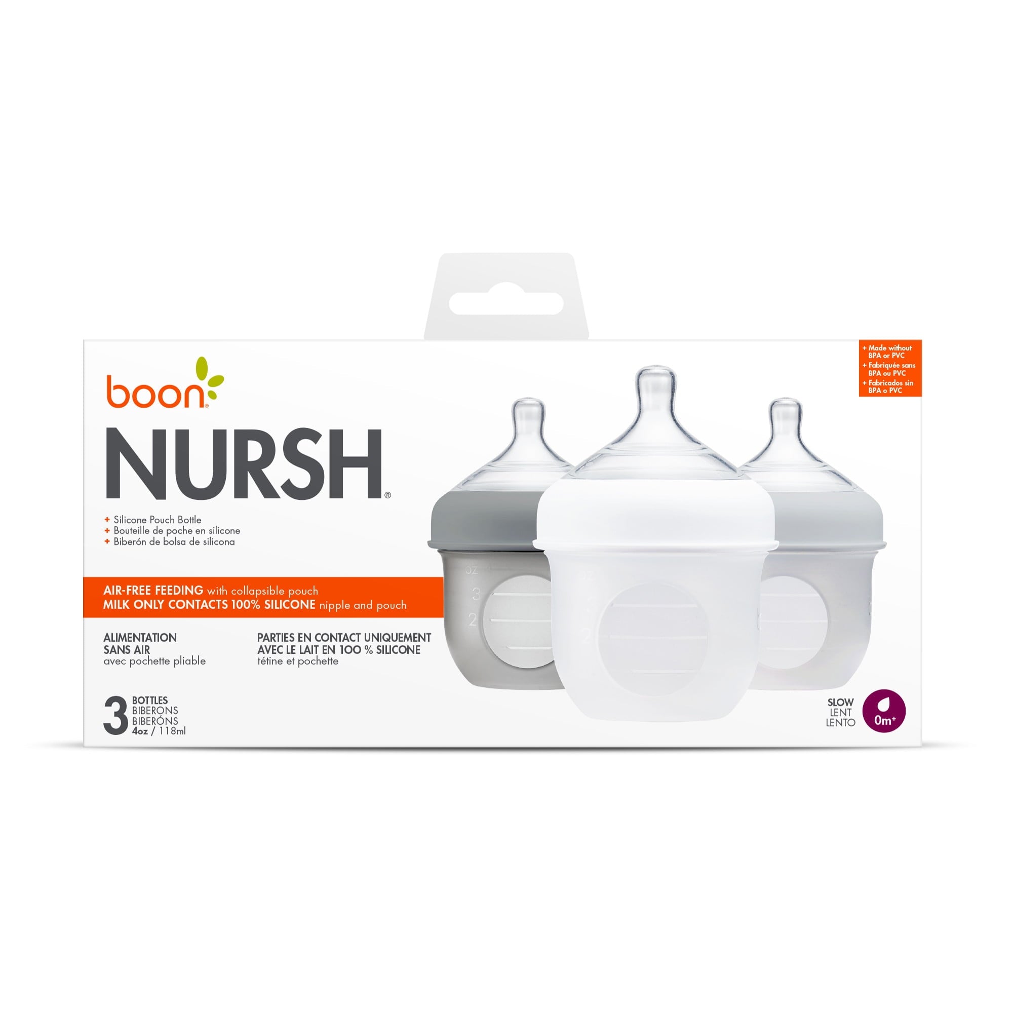 Nursh Silicone Pouch Baby Bottle, Air-Free Feeding, Pink Multi Pack 4 Oz 3 Pk
