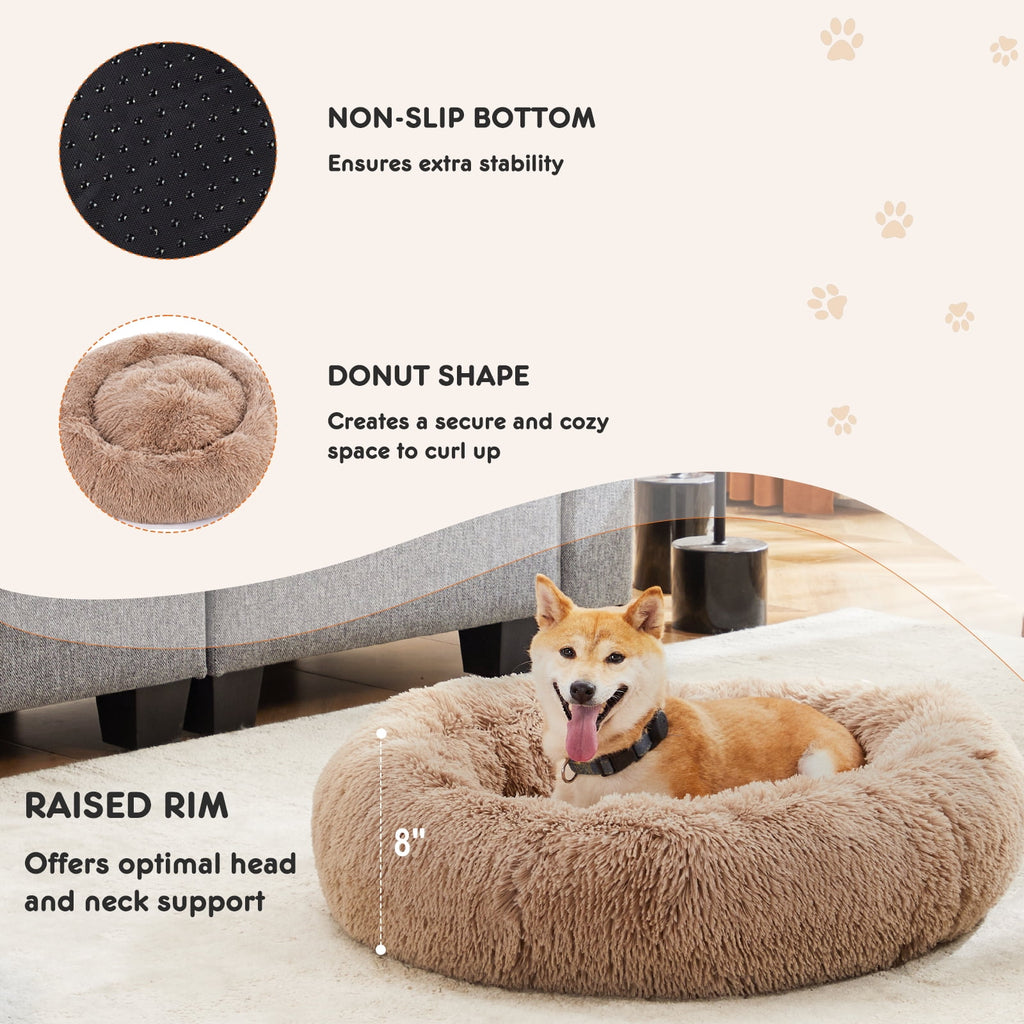 Donut Dog &amp; Cat Bed, 30 Inches Round Dog Beds for Large Dogs, Plush Dog Bed, Pet Bed, Brown