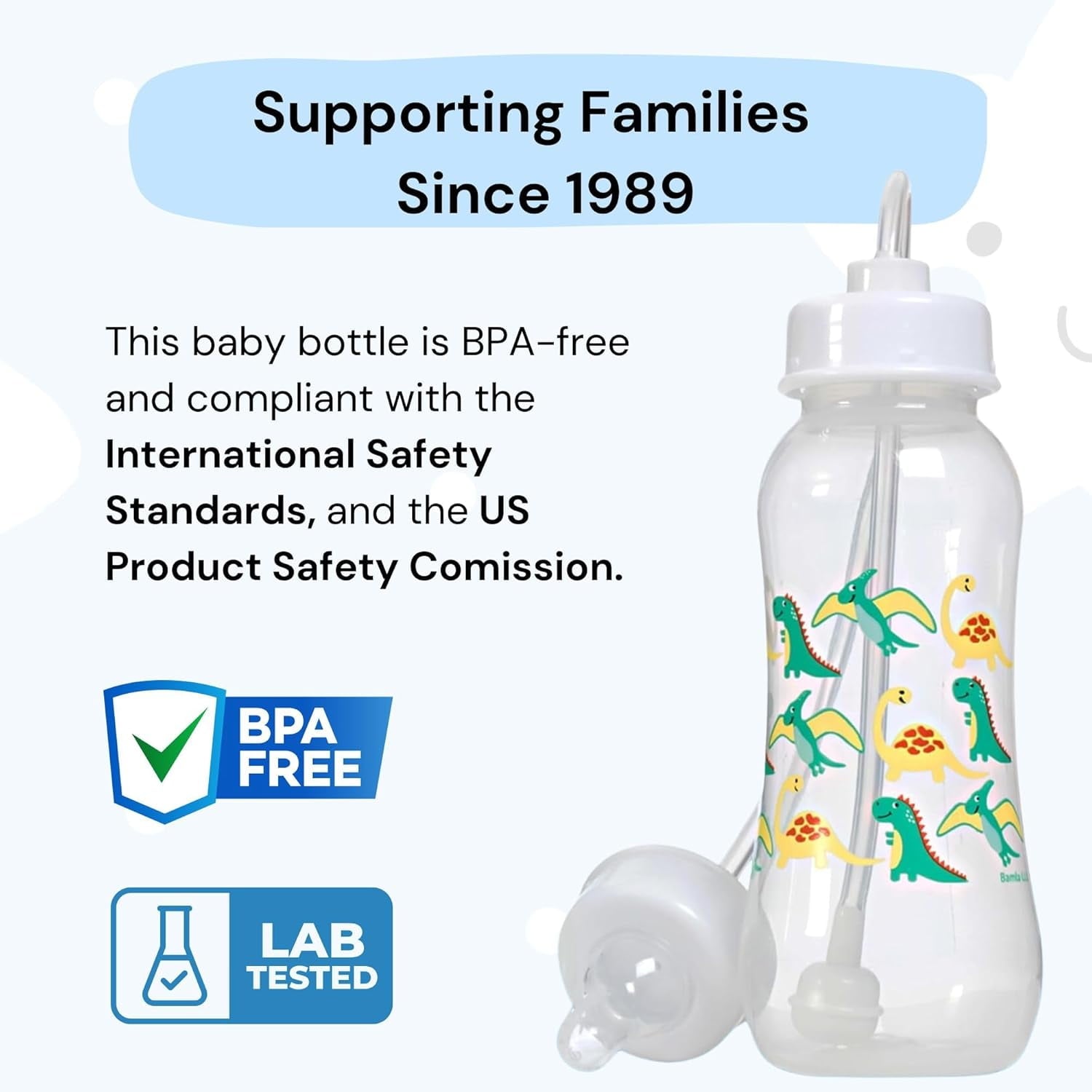 Hands-Free Baby Bottle - Nursing System 9 oz Baby Bottle with Nipple/Teat 3m+ with Tube Straw Feeding System for Toddler 1 Year + (1 Pack - Dinosaur)