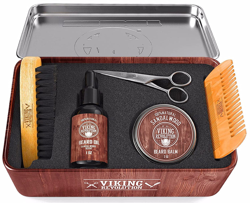 Grooming Kit for Men - Boar Brush, Wood Comb, Sandalwood Balm &amp; Oil, Scissors for Beard &amp; Mustache
