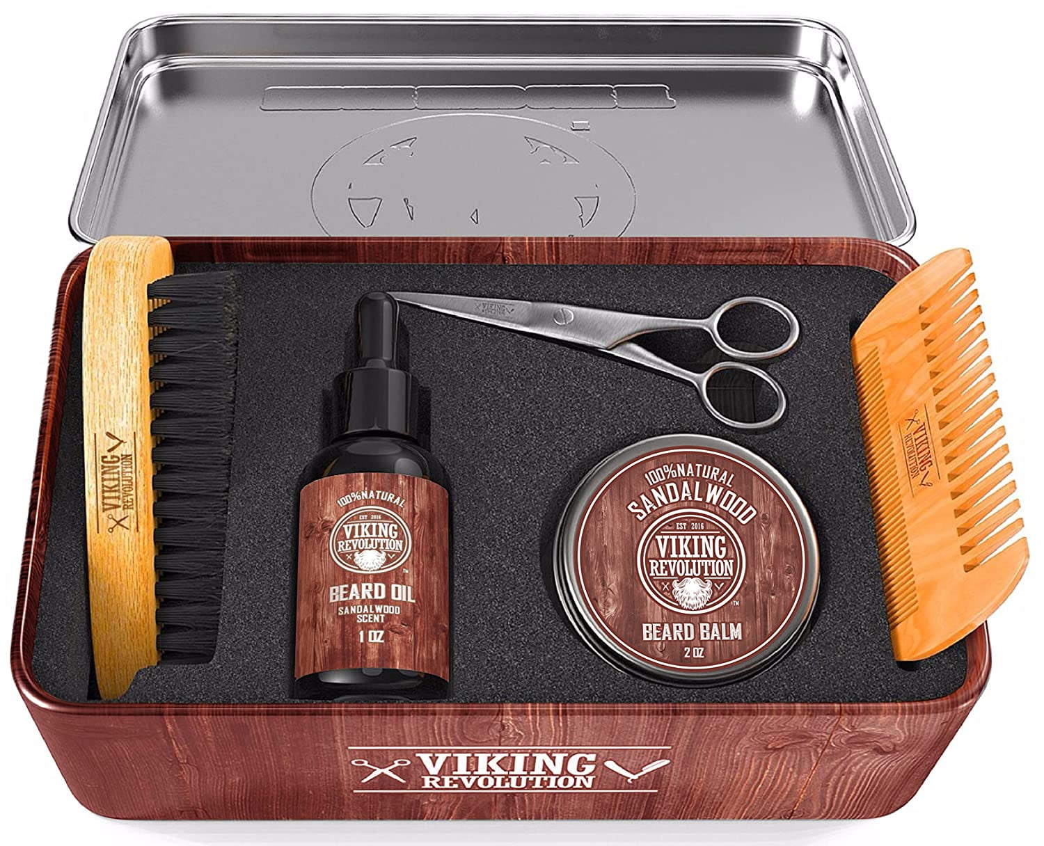 Grooming Kit for Men - Boar Brush, Wood Comb, Sandalwood Balm &amp; Oil, Scissors for Beard &amp; Mustache