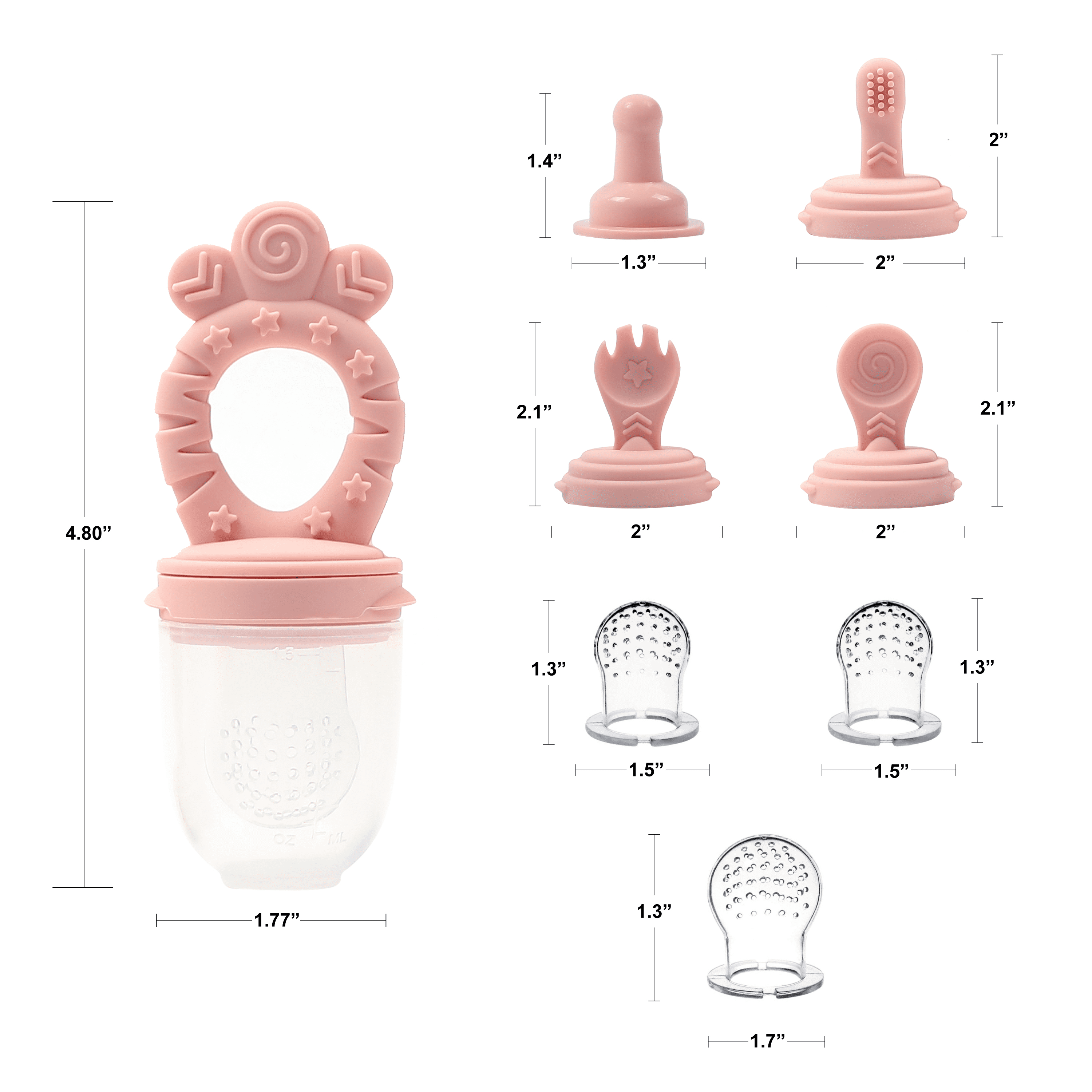 Minie Joo Baby Fruit and Food Feeder &amp; Teething Pacifier Set, 3 Pacifier Pouches, Pink
