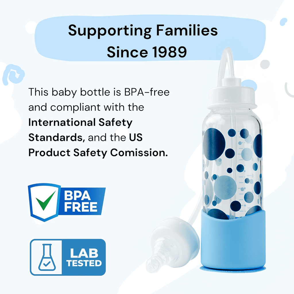 Hands-Free Baby Bottle - Nursing System 7 oz Glass Baby Bottle with Nipple/Teat 3m+ with Tube Straw Feeding System for Toddler (1 Bottle - Blue)