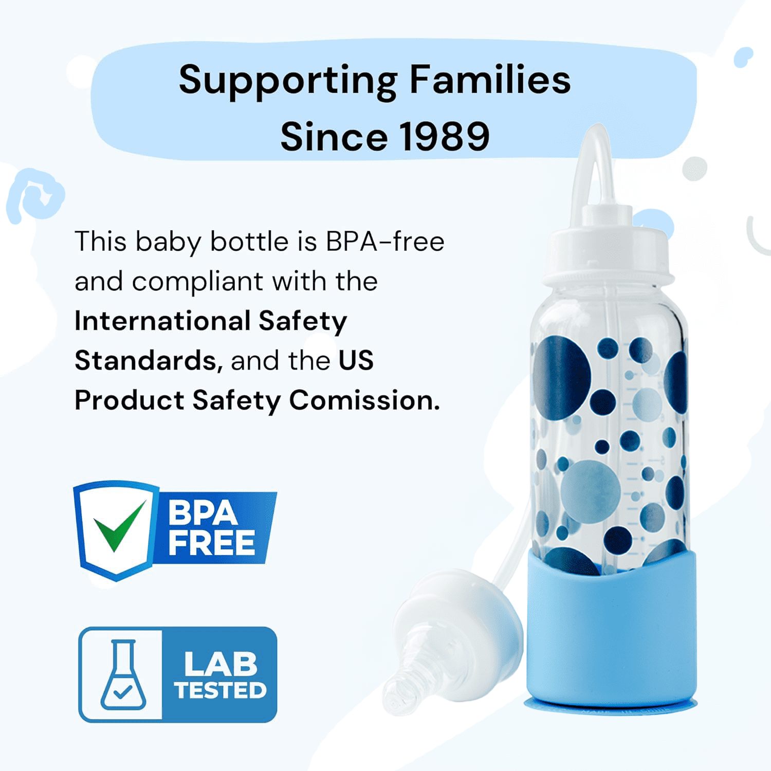 Hands-Free Baby Bottle - Nursing System 7 oz Glass Baby Bottle with Nipple/Teat 3m+ with Tube Straw Feeding System for Toddler (1 Bottle - Blue)