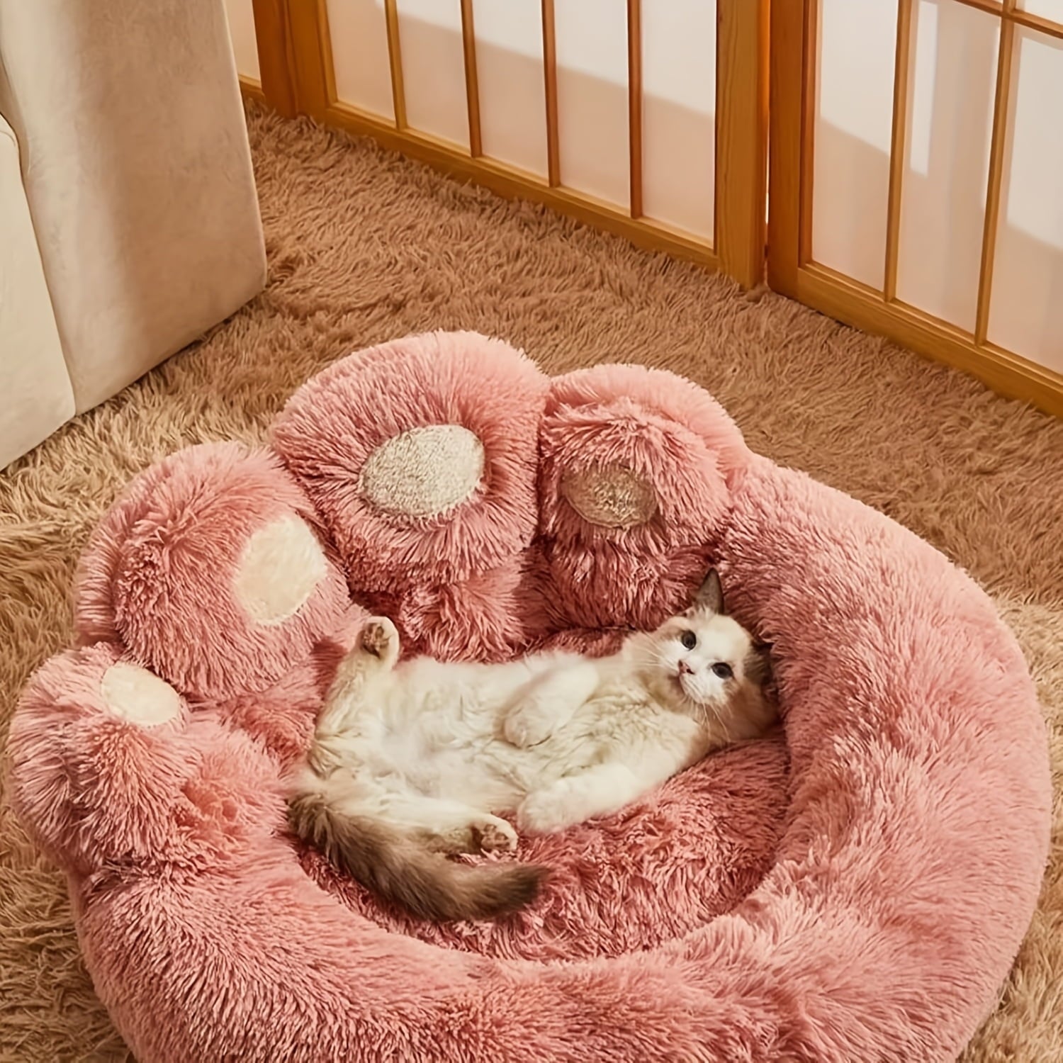 Paw Shape Pet Bed, Plush Faux Fur Donut Bed for Dogs &amp; Cats, , Bottom