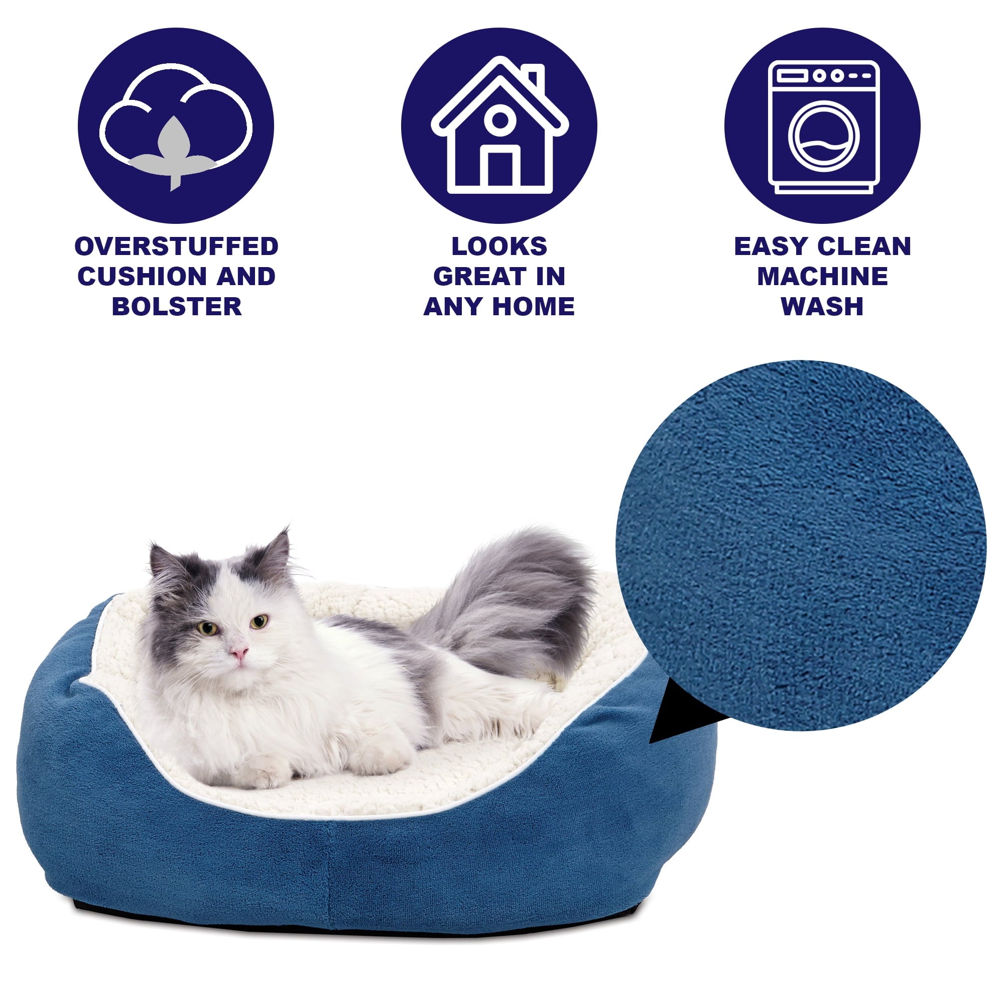 Overstuffed Micro-Terry Cuddle Pet Bed for Small Dogs &amp; Cats, Blue