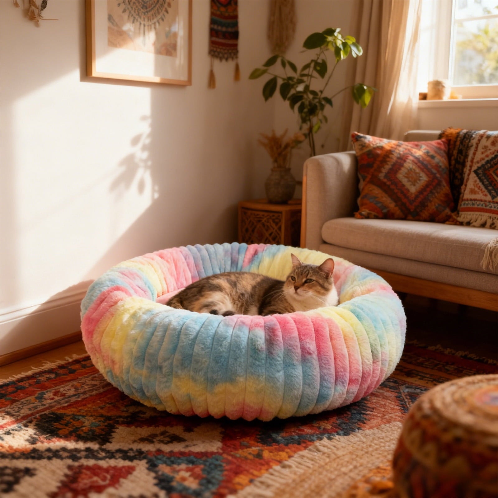 High Pile Plush Round Pet Bed Kennel Mat Extra Dog Cat Bed with Raised Edge for Small Medium Pets