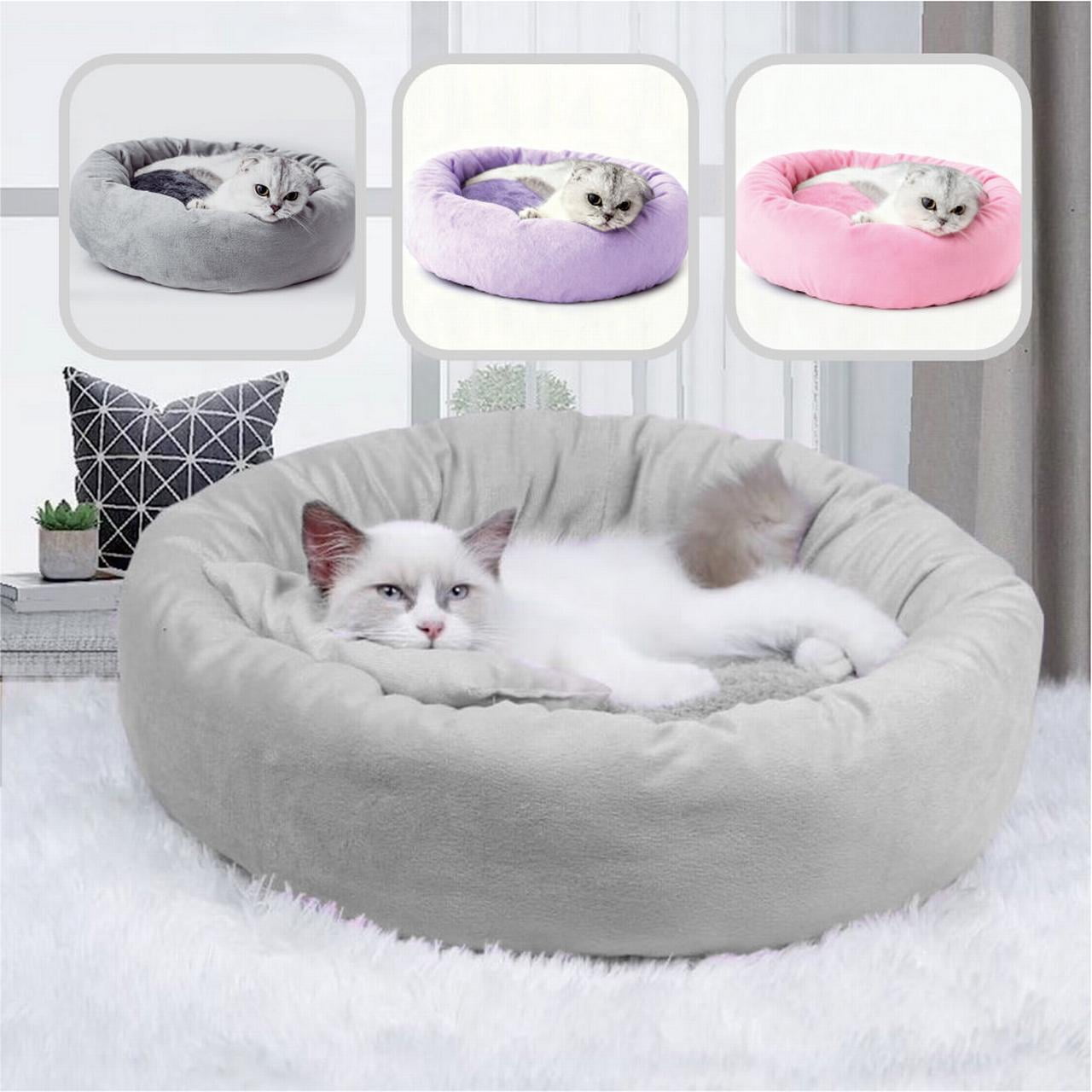 14in Round Cat Beds for Indoor Cats Small Dog Bed with Pillow, Washable Plush Pet Bed for Kittens Puppy, Purple