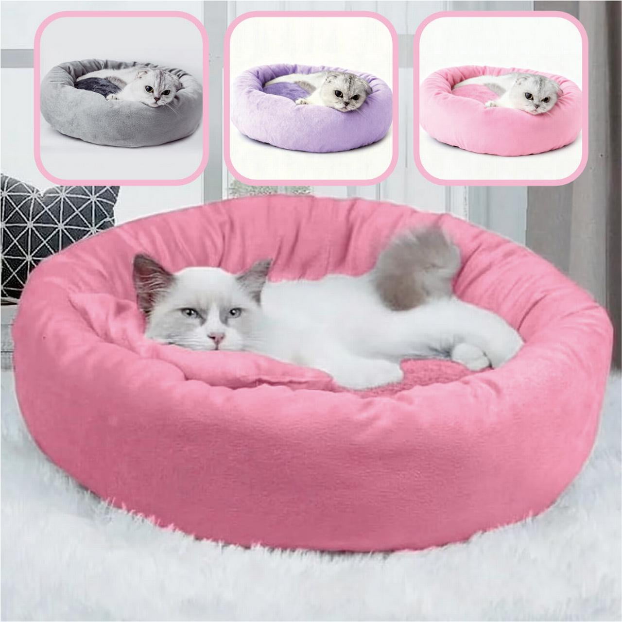 14in Round Cat Beds for Indoor Cats Small Dog Bed with Pillow, Washable Plush Pet Bed for Kittens Puppy, Purple