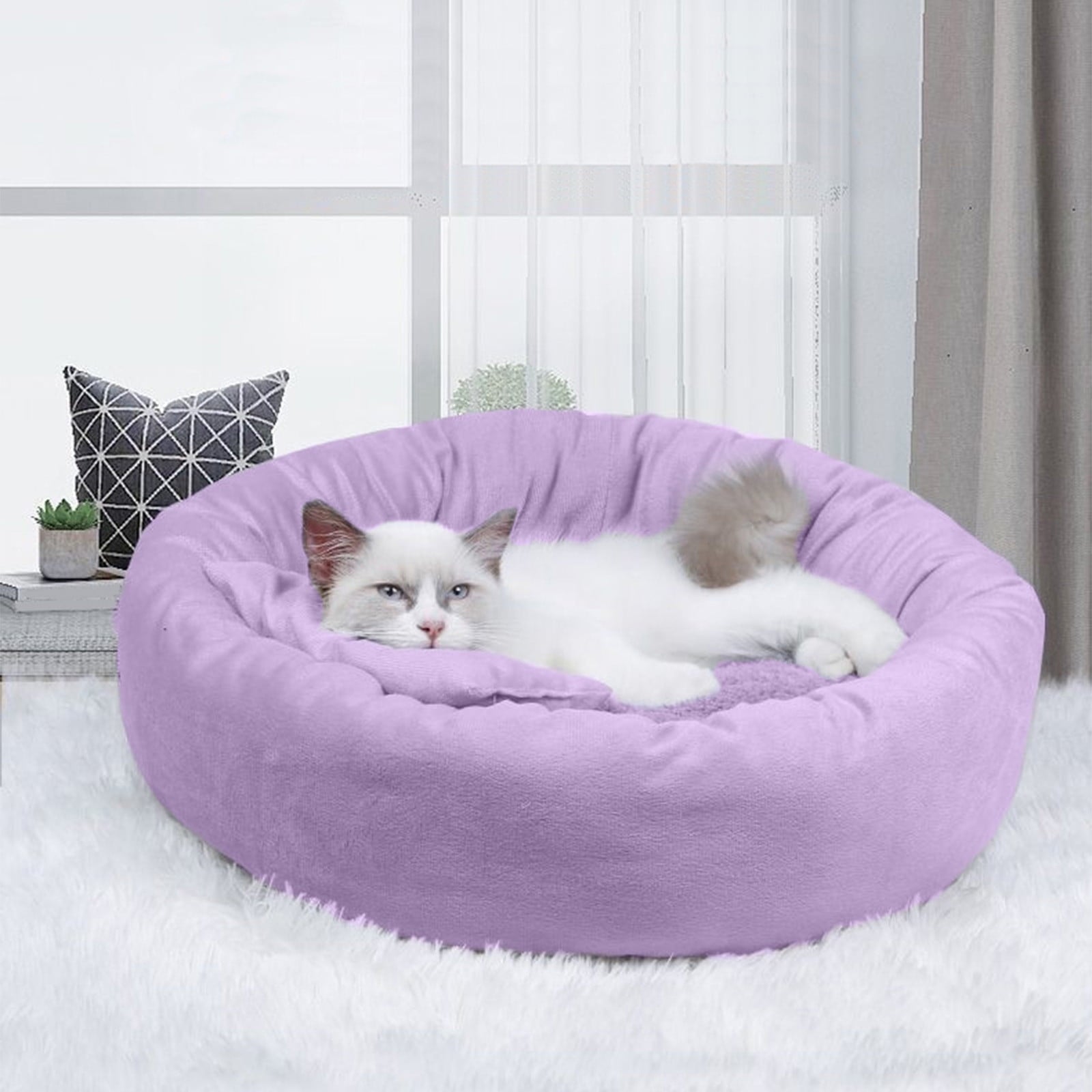 14in Round Cat Beds for Indoor Cats Small Dog Bed with Pillow, Washable Plush Pet Bed for Kittens Puppy, Purple