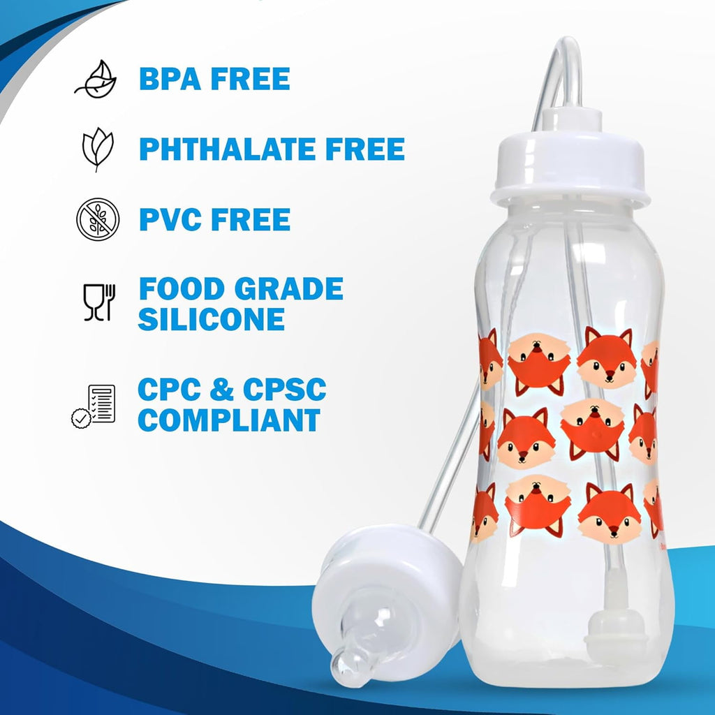 Hands-Free Baby Bottle - Nursing System 9 oz Baby Bottle with Nipple/Teat 3m+ with Tube Straw Feeding System for Toddler (1 Pack - Fox)