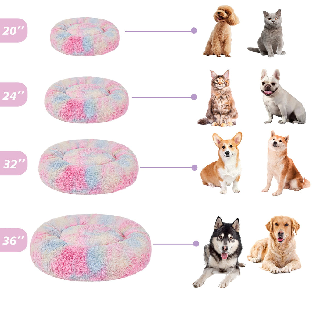 Donut Pet Bed for Small Dogs 20", Plush Warming Dog Bed, Pink Rainbow