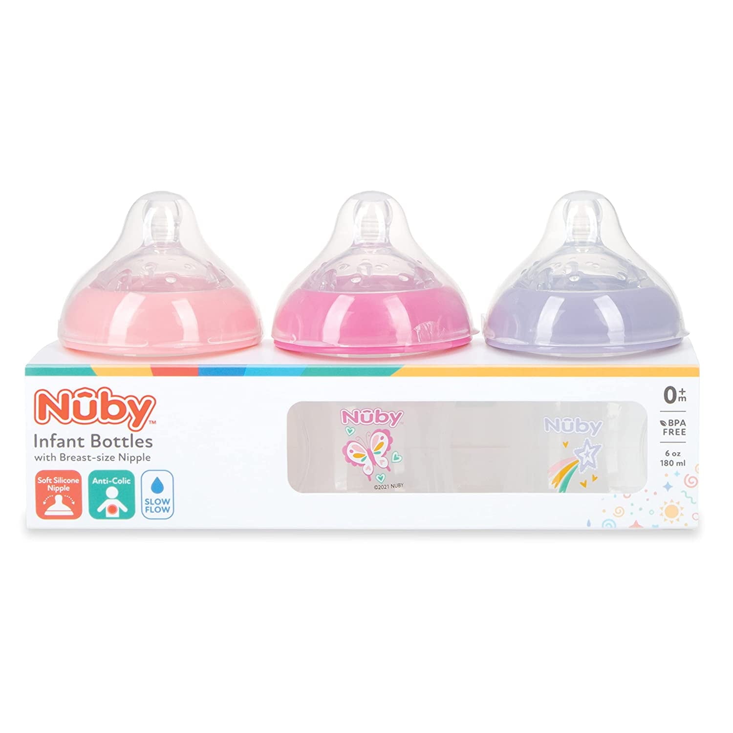 3-Pack Infant Feeding Bottles with Slow Flow Breast Size Silicone Nipple: 0+ Months, 6oz, 3 Pack Set: Delicate Star, Rainbow, Butterfly Prints