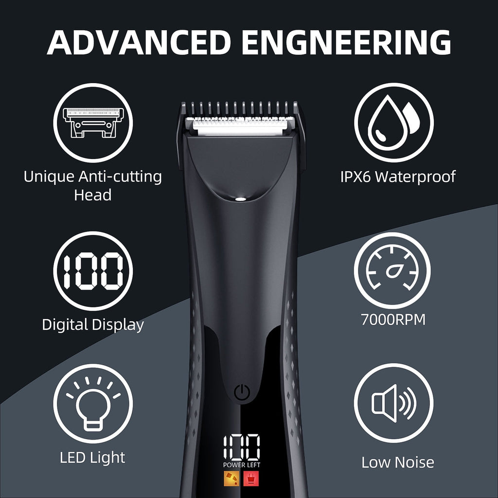 Body Hair Trimmer – Pubic, Groin, Chest &amp; Underarm Grooming Kit, Cordless Rechargeable Beard Trimmer w/ Adjustable Taper for Men Women, Black