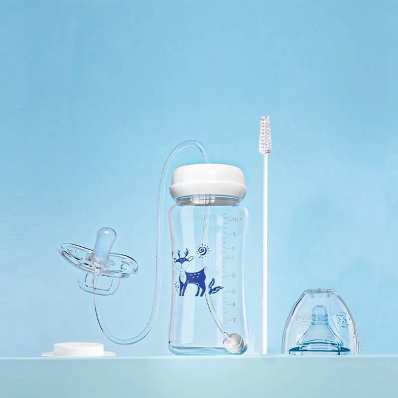 300ml Hands-Free Baby Bottle with Adjustable Stand – Leak-Proof &amp; Self-Feeding Infant Bottle for On-the-Go, Includes Cleaning Brush &amp; Travel Cap
