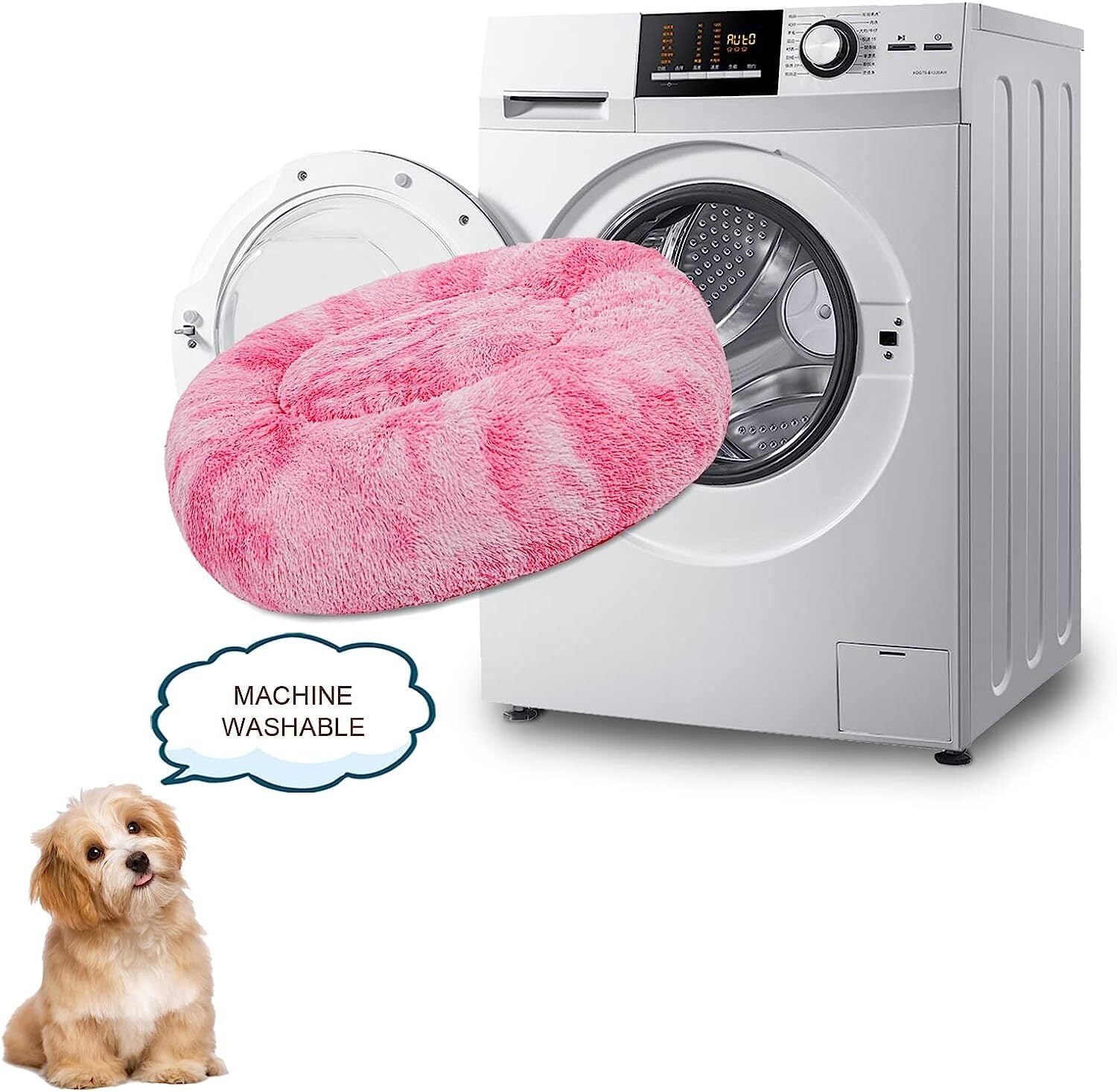 Donut Pet Bed for Small Dogs 20", Plush Warming Dog Bed, Pink Rainbow