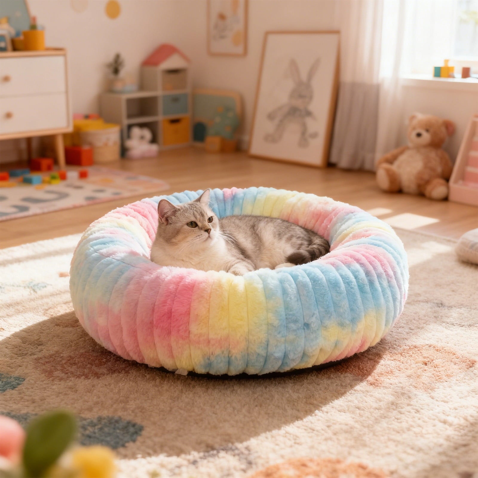 High Pile Plush Round Pet Bed Kennel Mat Extra Dog Cat Bed with Raised Edge for Small Medium Pets