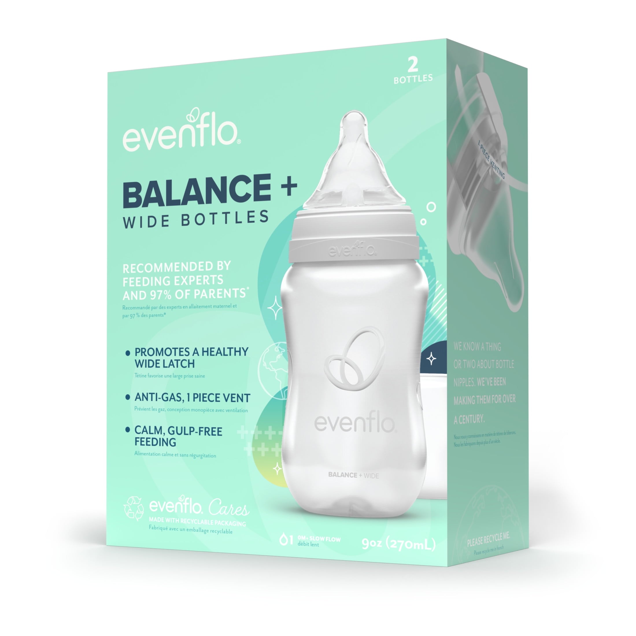 Balance Wide Baby Bottles, Platinum White Color 9oz 2 Count