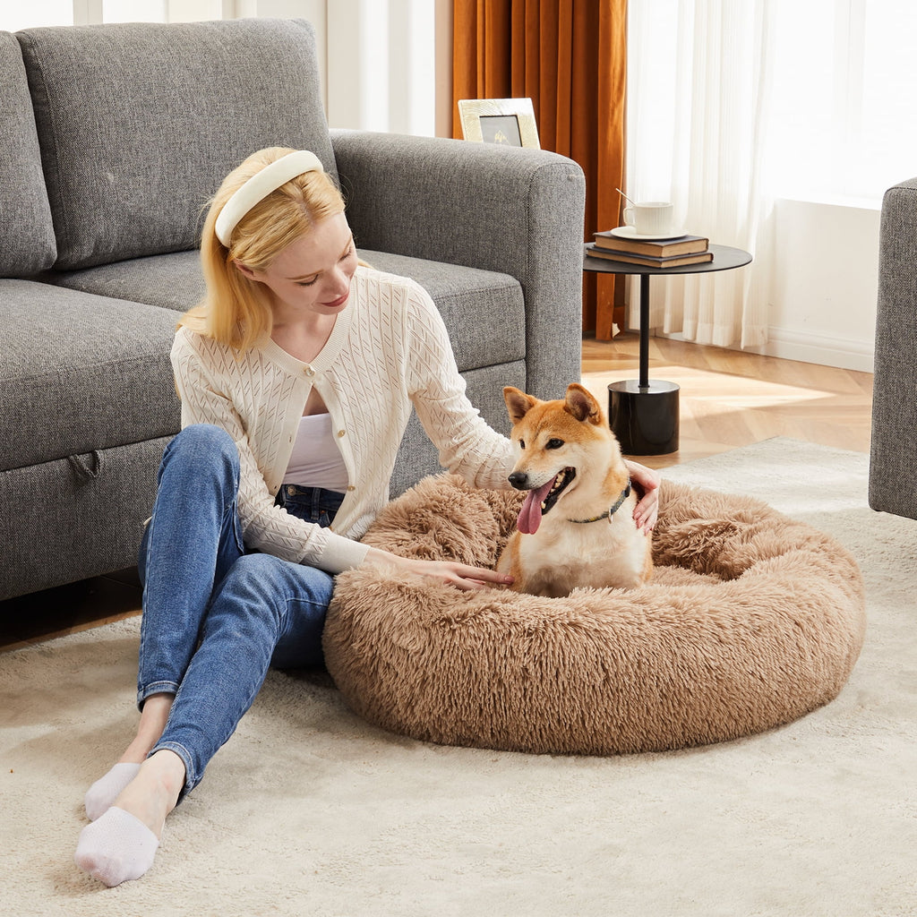 Donut Dog &amp; Cat Bed, 30 Inches Round Dog Beds for Large Dogs, Plush Dog Bed, Pet Bed, Brown