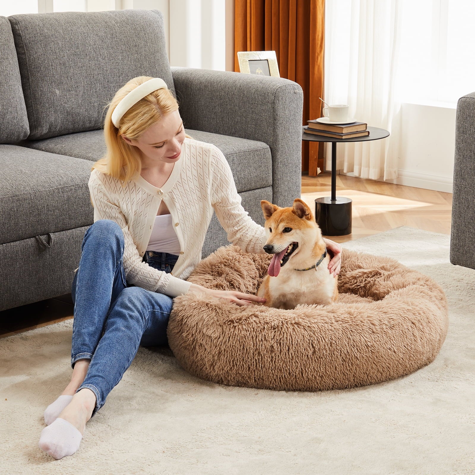 Donut Dog &amp; Cat Bed, 30 Inches Round Dog Beds for Large Dogs, Plush Dog Bed, Pet Bed, Brown