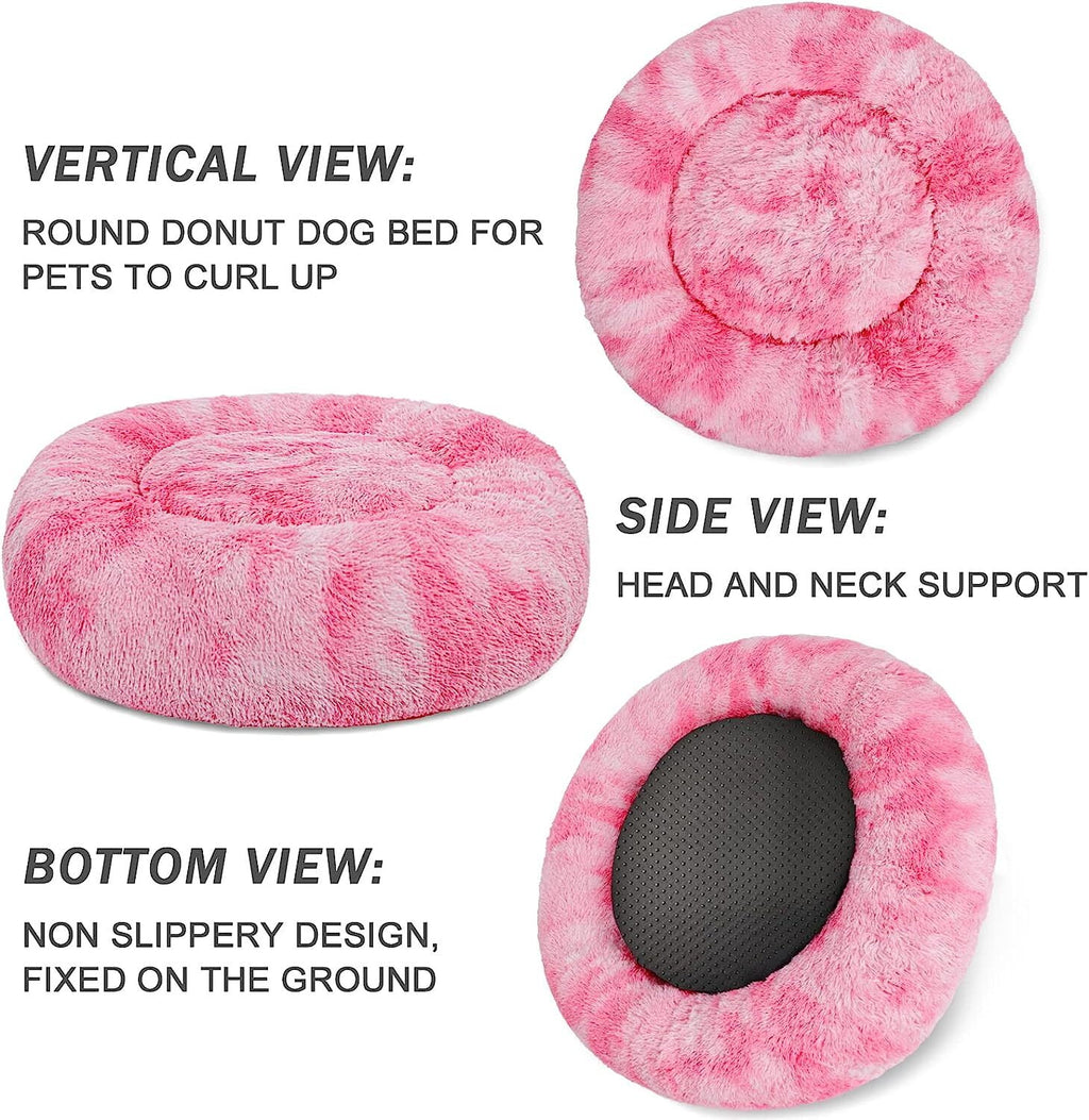 Donut Pet Bed for Small Dogs 20", Plush Warming Dog Bed, Pink Rainbow