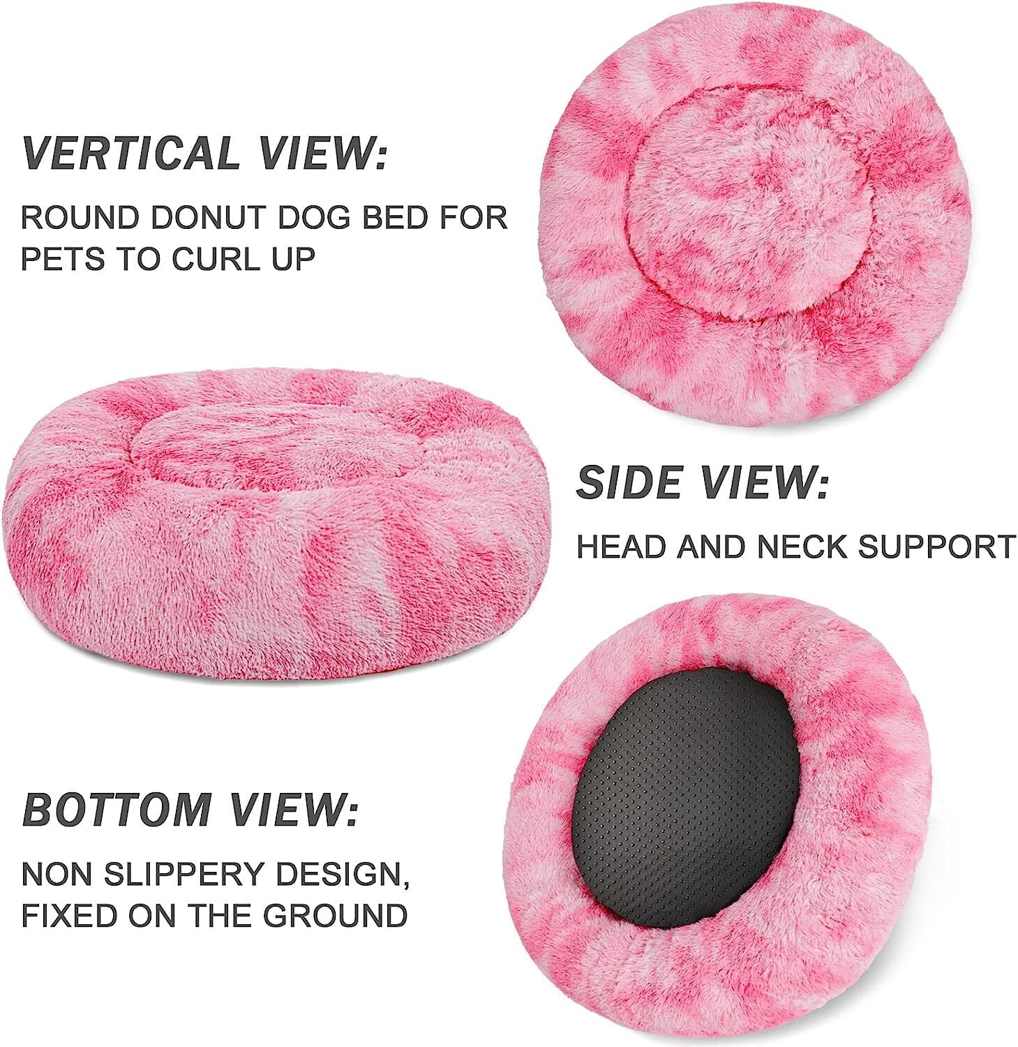 Donut Pet Bed for Small Dogs 20", Plush Warming Dog Bed, Pink Rainbow