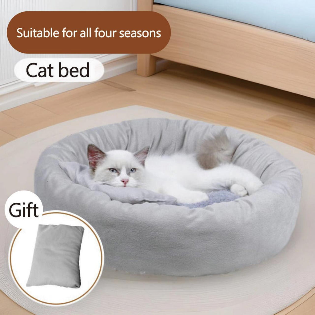 14in Round Cat Beds for Indoor Cats Small Dog Bed with Pillow, Washable Plush Pet Bed for Kittens Puppy, Purple