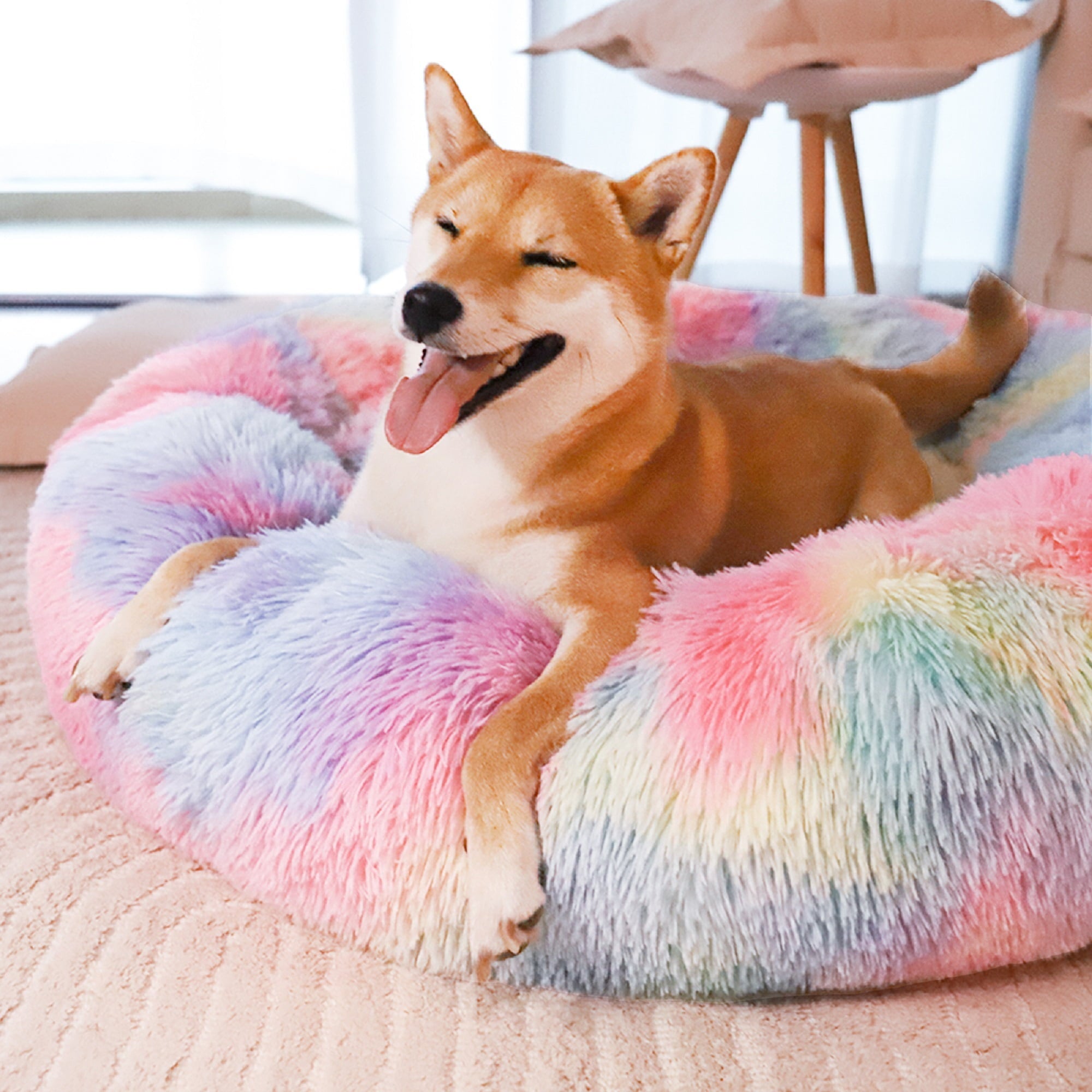 Donut Pet Bed for Small Dogs 20", Plush Warming Dog Bed, Pink Rainbow