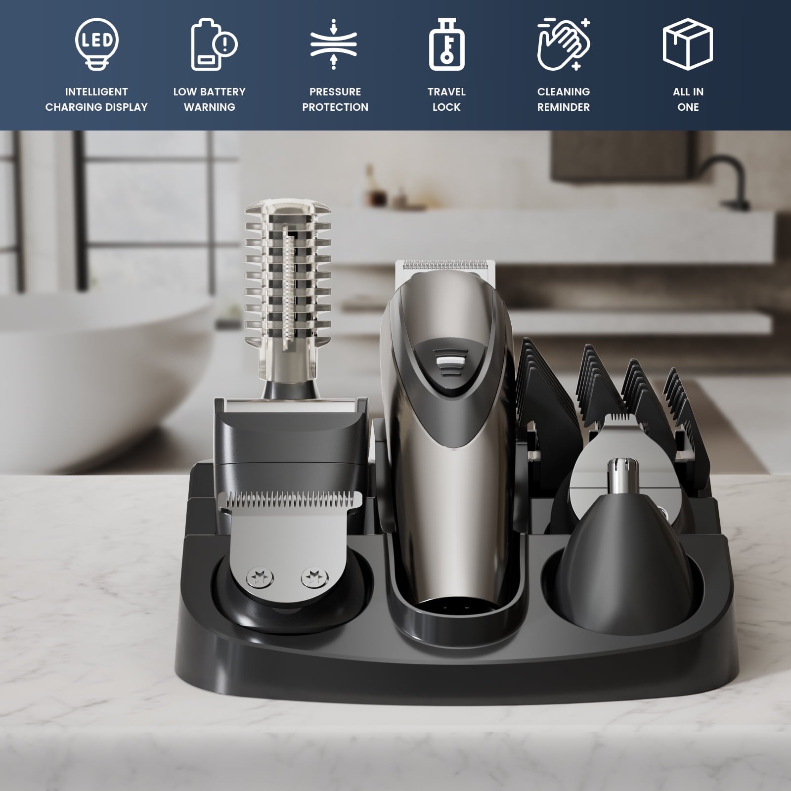 Skdwakiz Hair Trimmer for Men, Cordless Hair Clippers with Safety Lock, All in One Mens Grooming Kit for Face, Mustache, Nose and Body, Rechargeable Beard Trimmer, Gifts for Husband Father