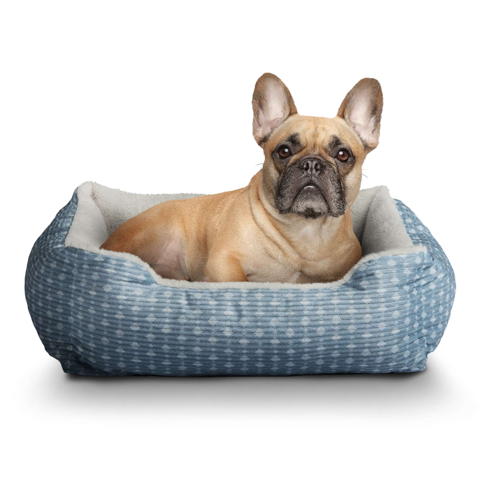 Dog Bed, Cat Bed, Puppy Bed, Plush Cuddle Bed for Small Breeds, 19" x 15", Blue and White