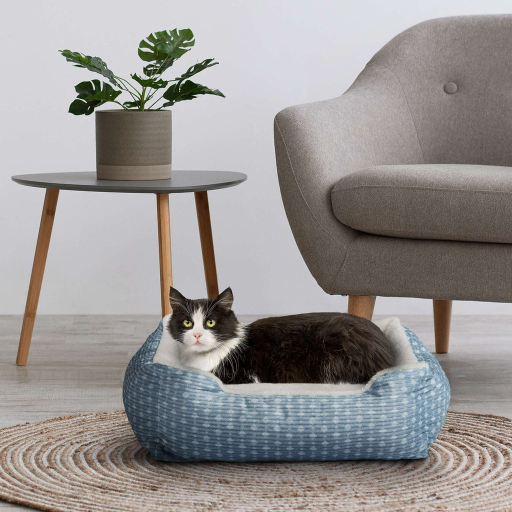 Dog Bed, Cat Bed, Puppy Bed, Plush Cuddle Bed for Small Breeds, 19" x 15", Blue and White