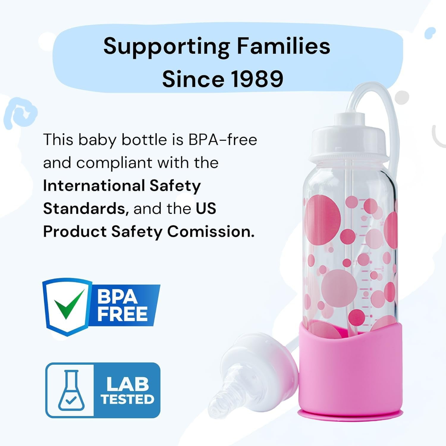 Hands-Free Baby Bottle - Nursing System 7 oz Glass Baby Bottle with Nipple/Teat 3m+ Infant with Tube Straw Feeding System for Toddler (1 Bottle - Pink)