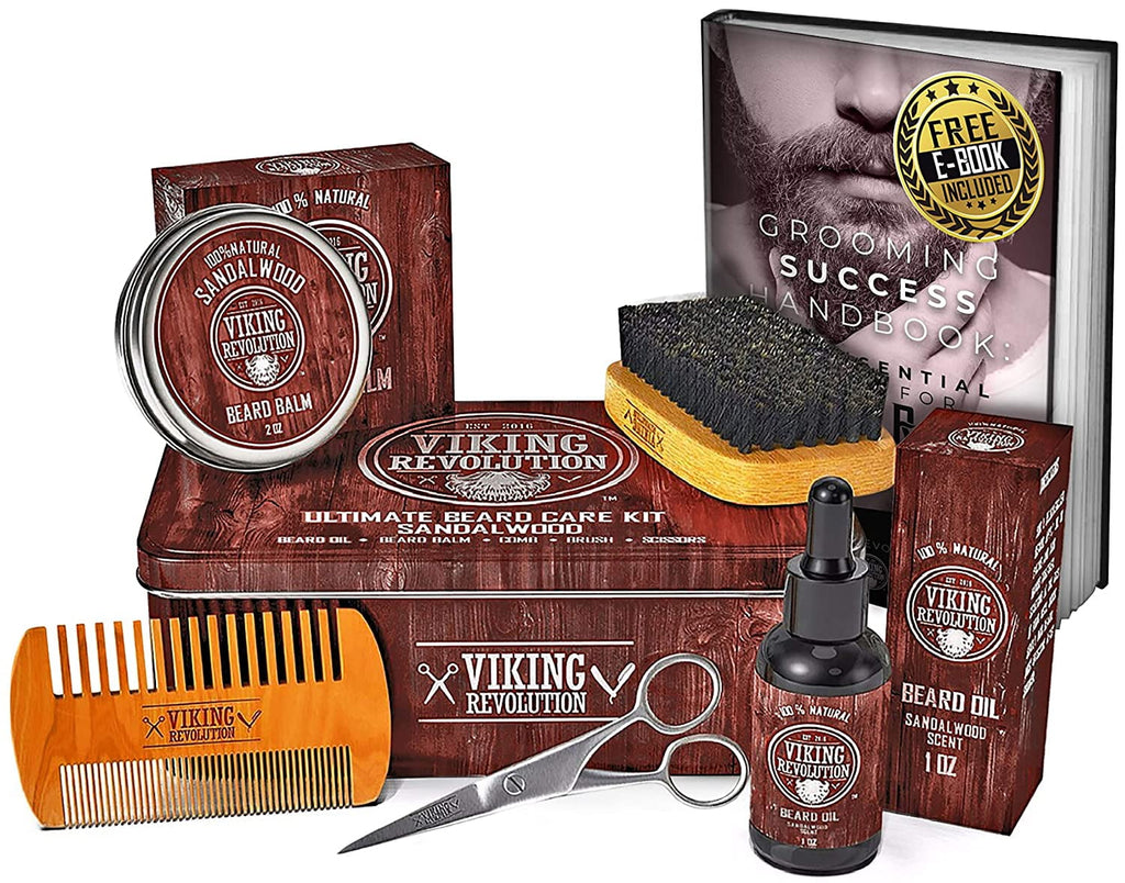 Grooming Kit for Men - Boar Brush, Wood Comb, Sandalwood Balm &amp; Oil, Scissors for Beard &amp; Mustache