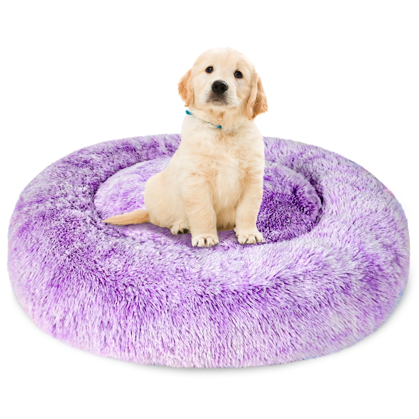Donut Pet Bed for Small Dogs 20", Plush Warming Dog Bed, Pink Rainbow