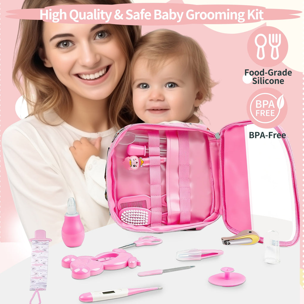 Baby Grooming Kit,BUSATIA 21 in 1 Infant Safety Care Set with Hair Brush Comb Nail Clipper Nasal Aspirator,Baby Essentials Kit for Newborn Girls Boys-Pink Baby Grooming kit