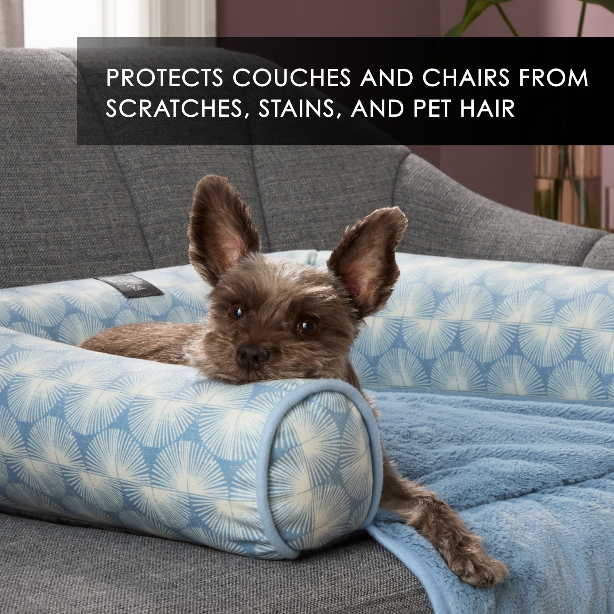 NEW YORK PET Kendall Fluted Geo Couch Protector Pet Bed, &amp; , Water Repellent, Bottom, , Blue, Large 40"x23"x4"