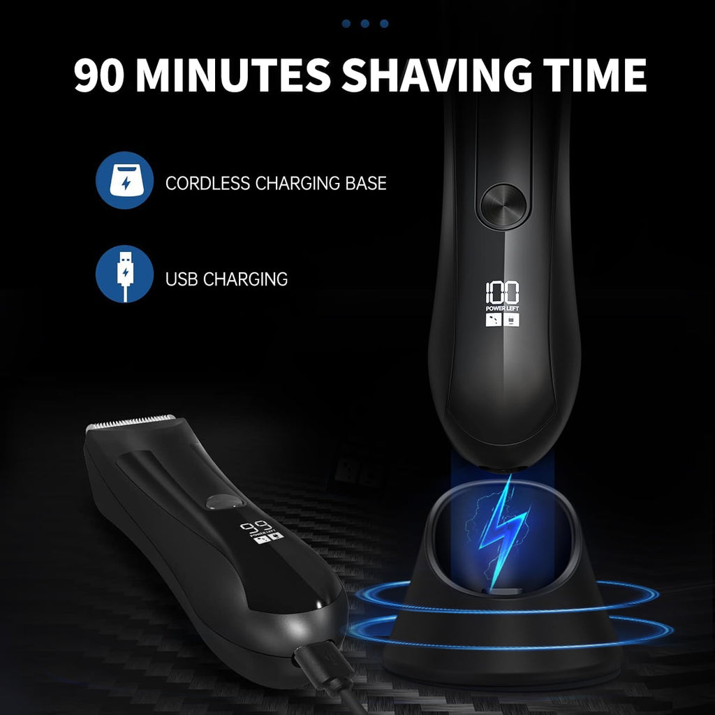 Electric Body Trimmer, Men's Groin Hair Trimmer IPX5 Wet/Dry Use Razor, Ceramic Blade Ball Shaver Clipper Body Grooming Kit with LCD Baterry Display, USB Recharge Dock &amp; LED Light