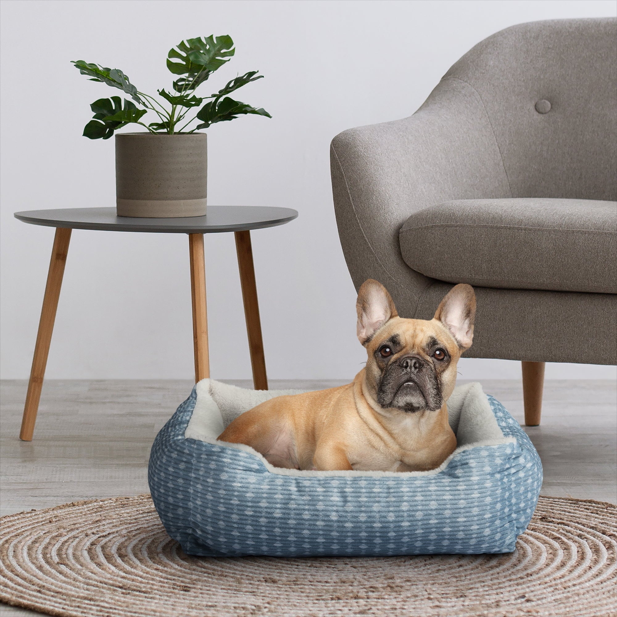Dog Bed, Cat Bed, Puppy Bed, Plush Cuddle Bed for Small Breeds, 19" x 15", Blue and White
