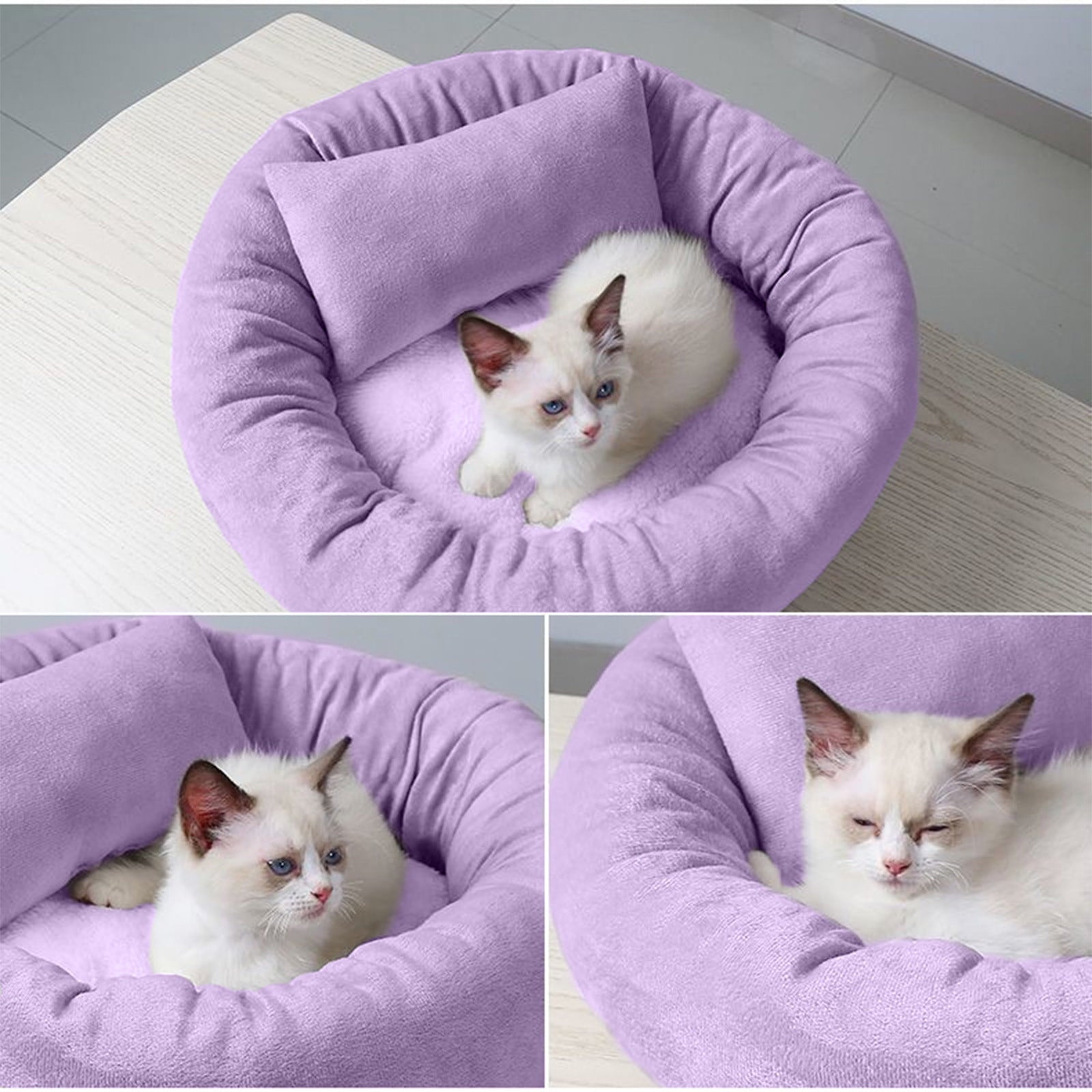 14in Round Cat Beds for Indoor Cats Small Dog Bed with Pillow, Washable Plush Pet Bed for Kittens Puppy, Purple