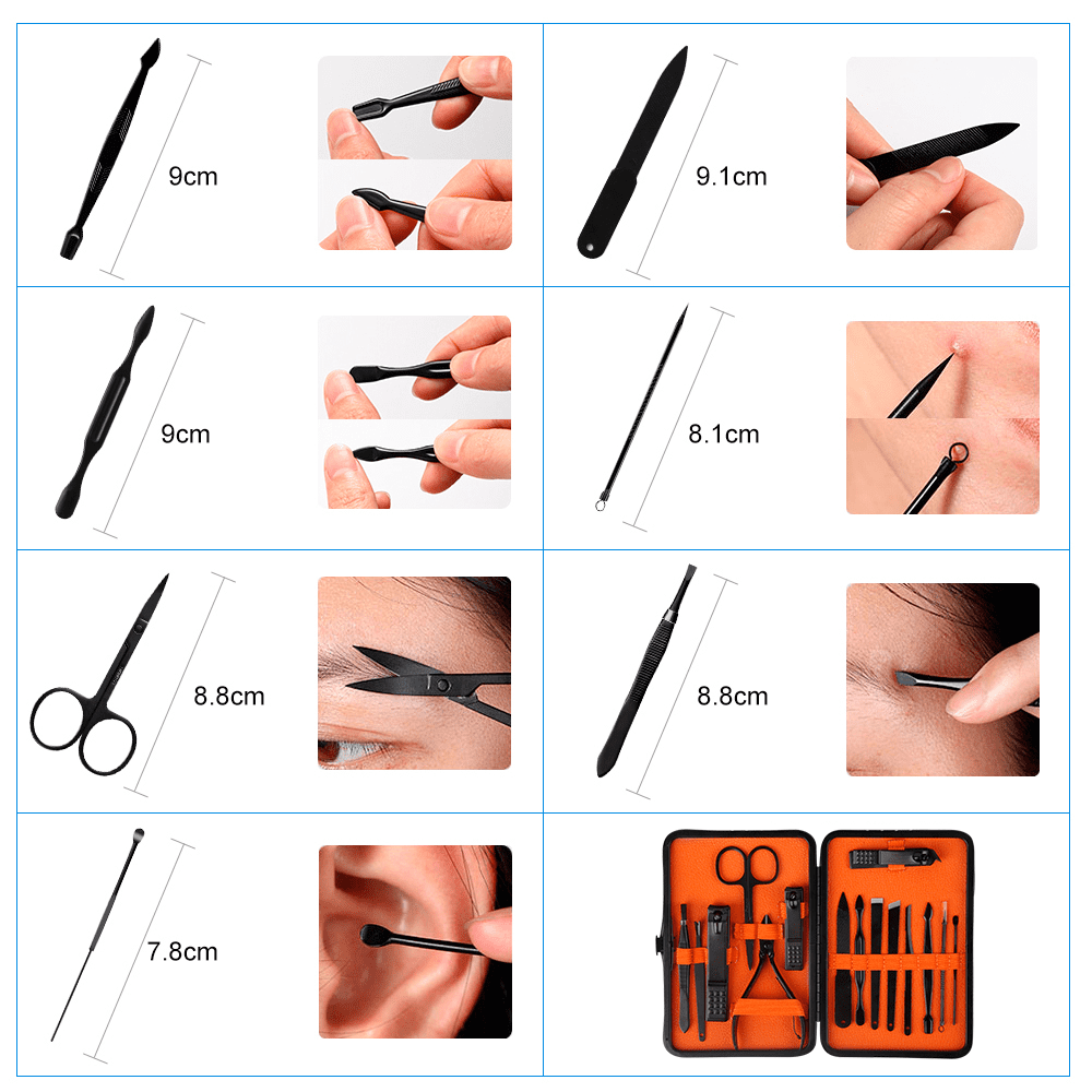 15-Piece Nail Clipper Manicure Set for Adult Women Men Grooming Pedicure Kit Stainless Steel for Facial Cuticle with Leather Travel Care
