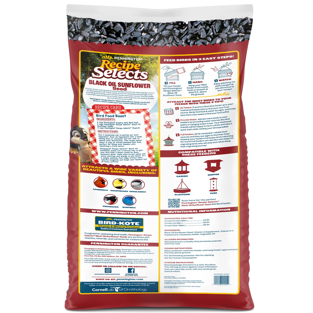 Recipe Selects Black Oil Sunflower Seed Dry Wild Bird Feed, Bird Food, 40 lb. Bag, 1 Pack