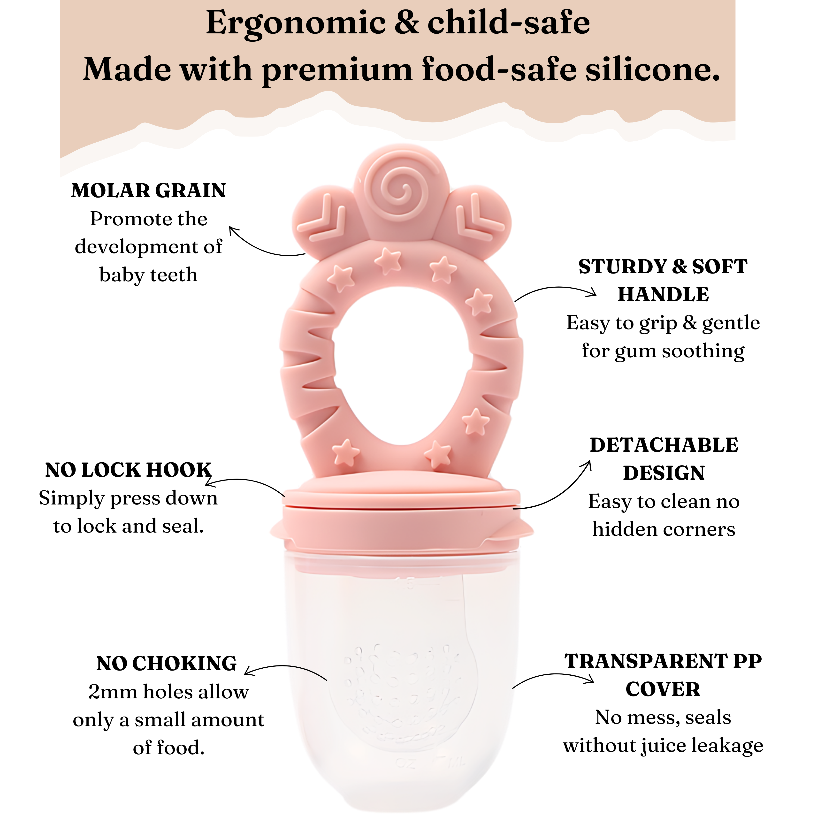 Minie Joo Baby Fruit and Food Feeder &amp; Teething Pacifier Set, 3 Pacifier Pouches, Pink