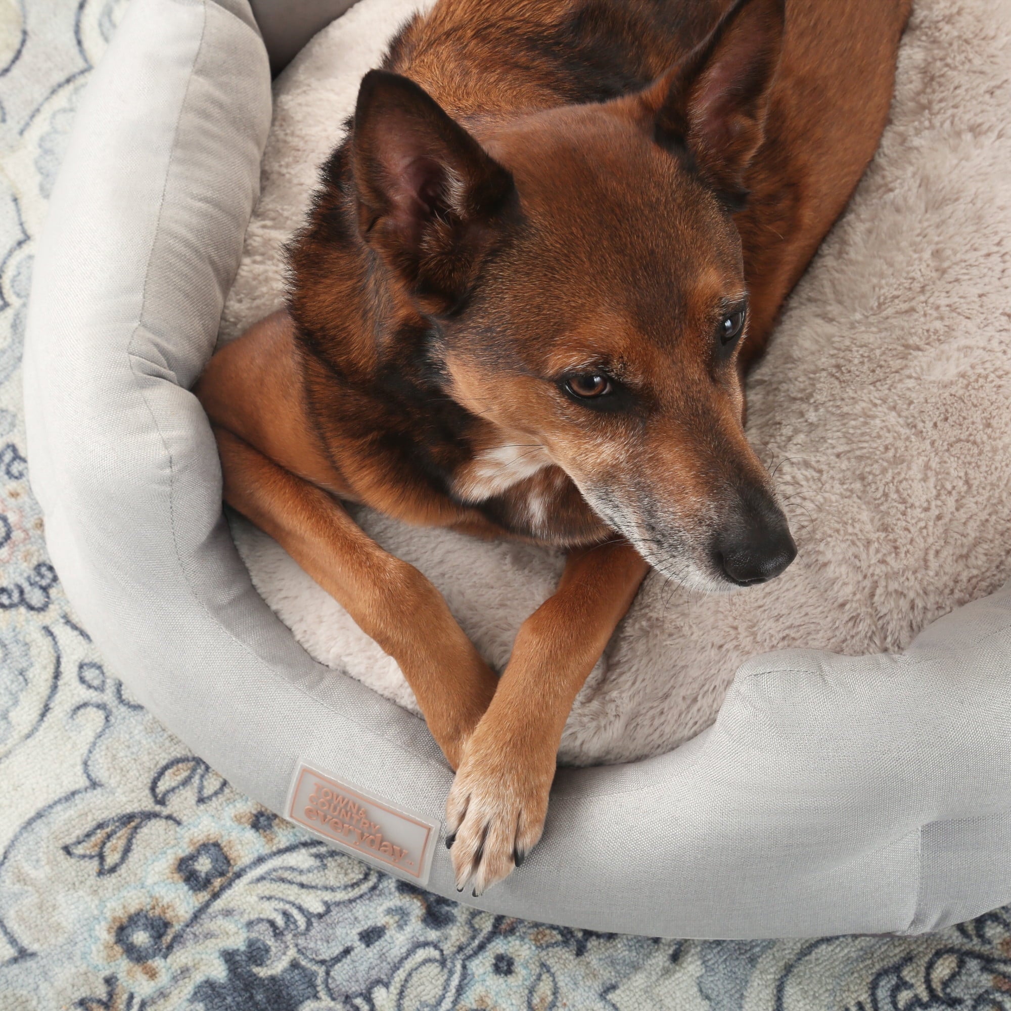 TOWN &amp; COUNTRY EVERYDAY CuddleTown Faux Linen Comfy Cuddler Pet Bed, Supportive &amp; Egg Crate Foam, Water Repellent, Bottom, Cover, Grey, Medium 28"x26"x8"