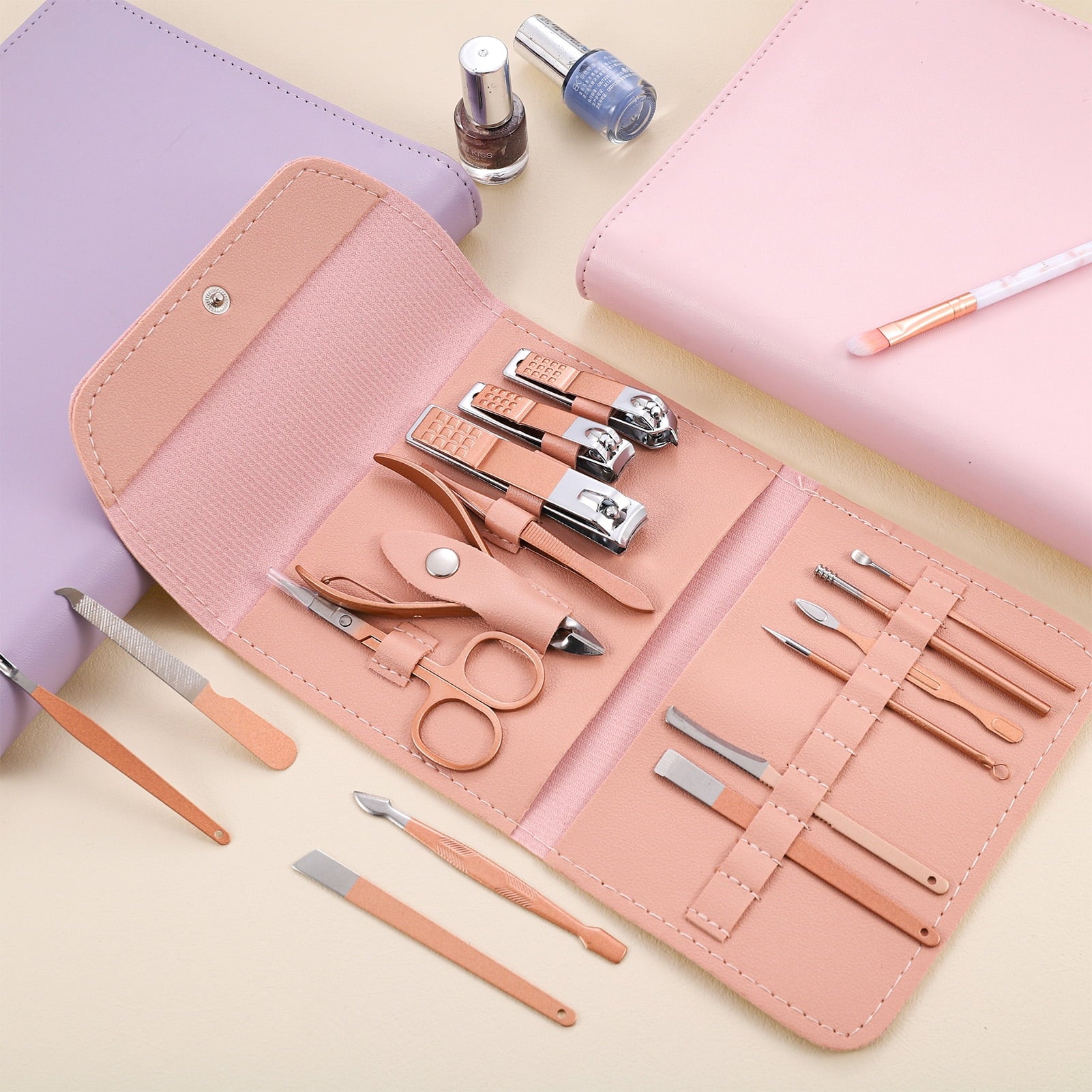 Abaima 16pcs Manicure Sets,Mini Pedicure Kit Nail Clippers, Grooming Kit with PU Leather Case, Stainless Steel Trave Nail Care Tools(Pink)