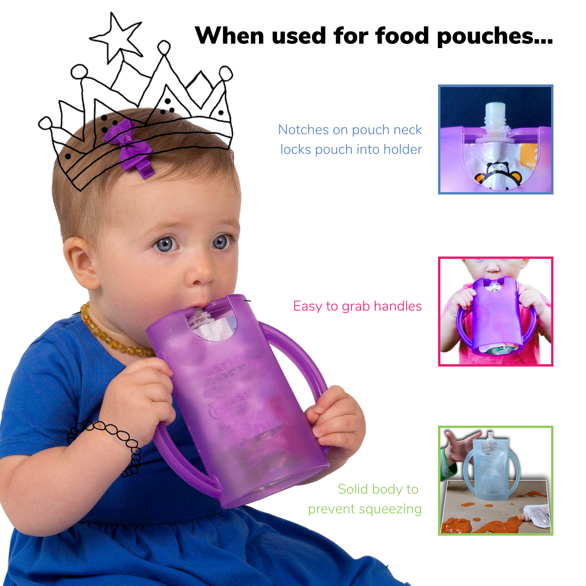 Squeeze Proof Flipping Holder ORIGINAL (without lid) for Food Pouches &amp; Juice Boxes (Purple) - Multipurpose Design - Prevent Messes &amp; Support Self-Feeding - Handles for Easy Grasping