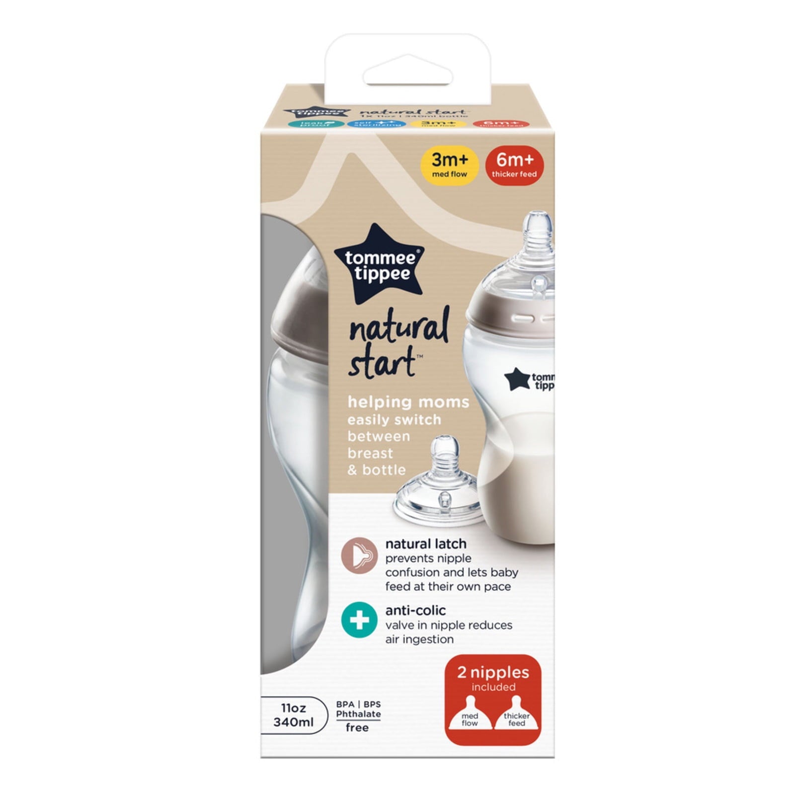 Natural Start Baby Bottle, 11oz, Medium-Flow and Thicker Feed Breast-Like Nipple, Valve, 1 Pack
