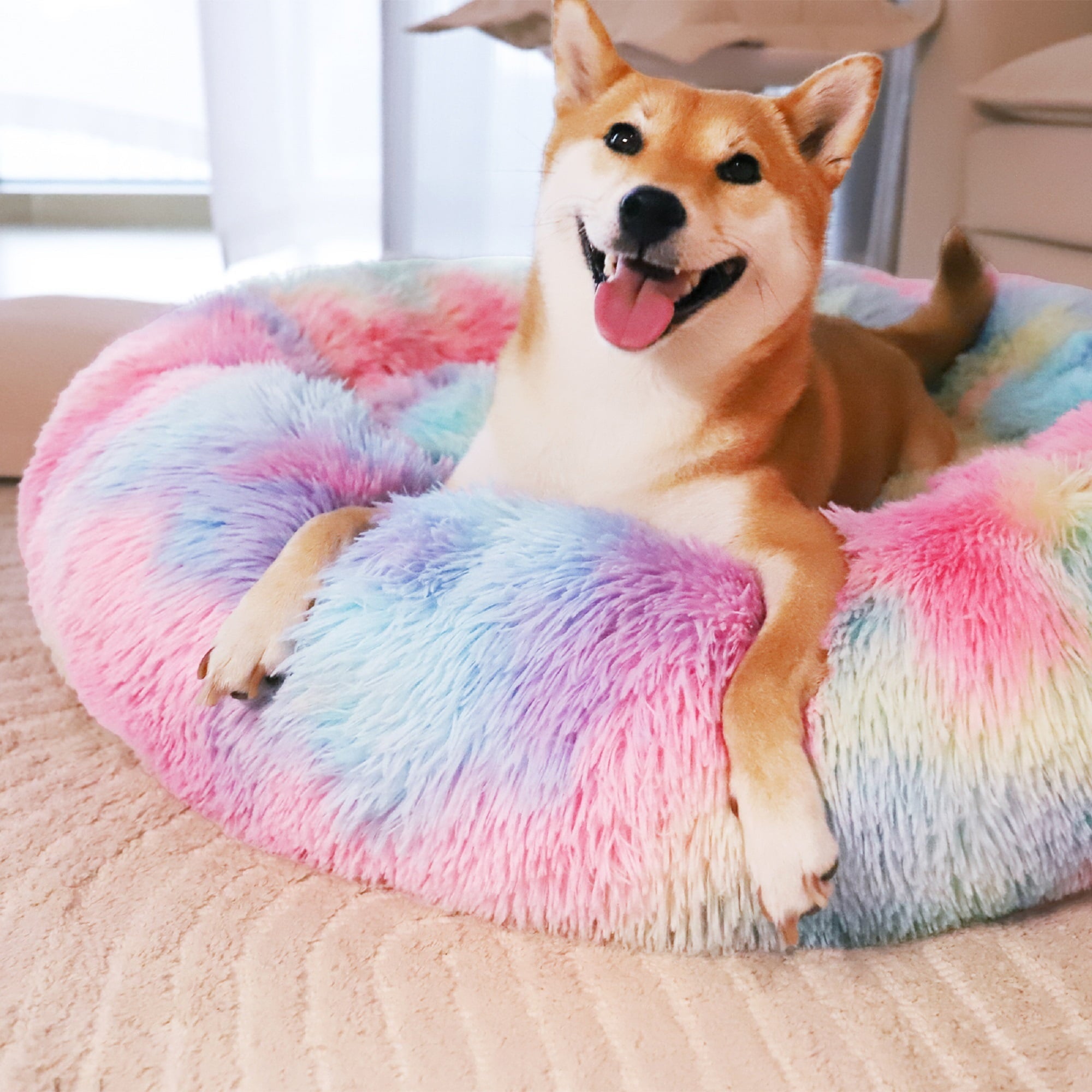 Donut Pet Bed for Small Dogs 20", Plush Warming Dog Bed, Pink Rainbow