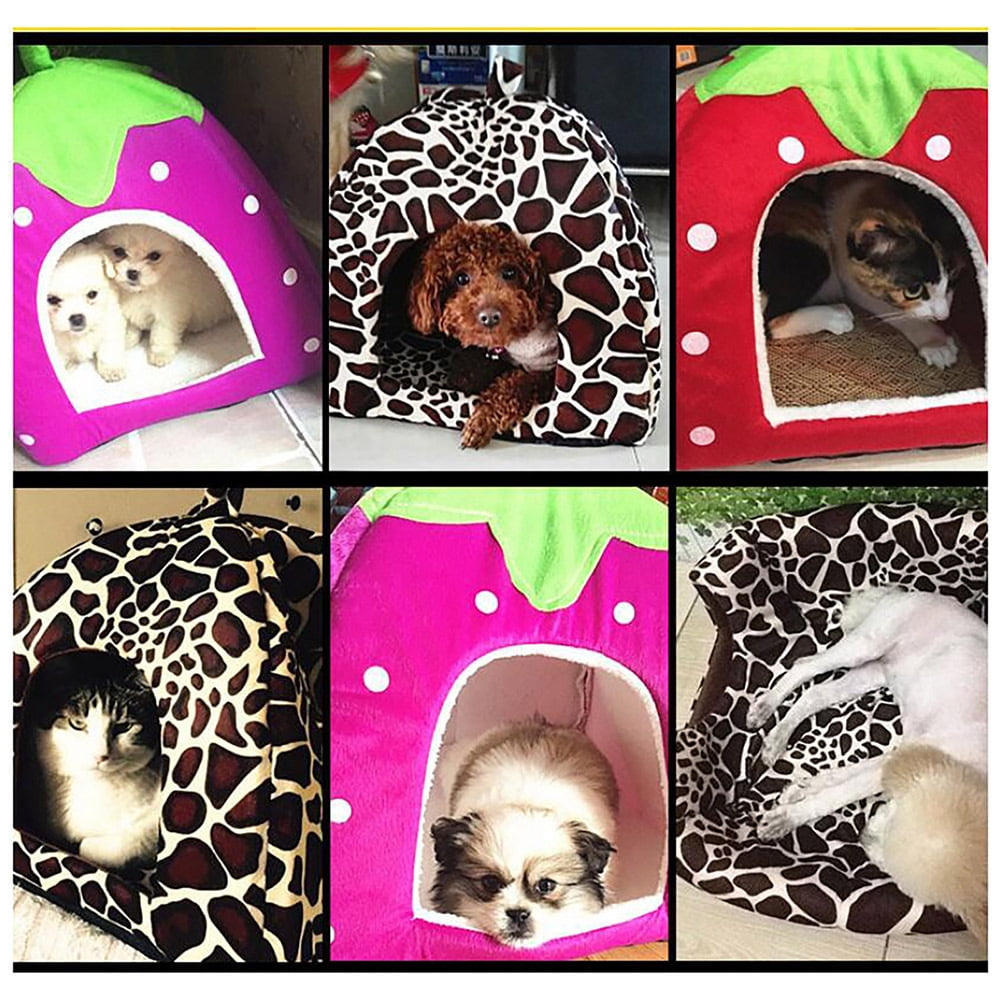 Cute Strawberry Cat House Indoors Winter Pet Dog Bed Fleece Yurt