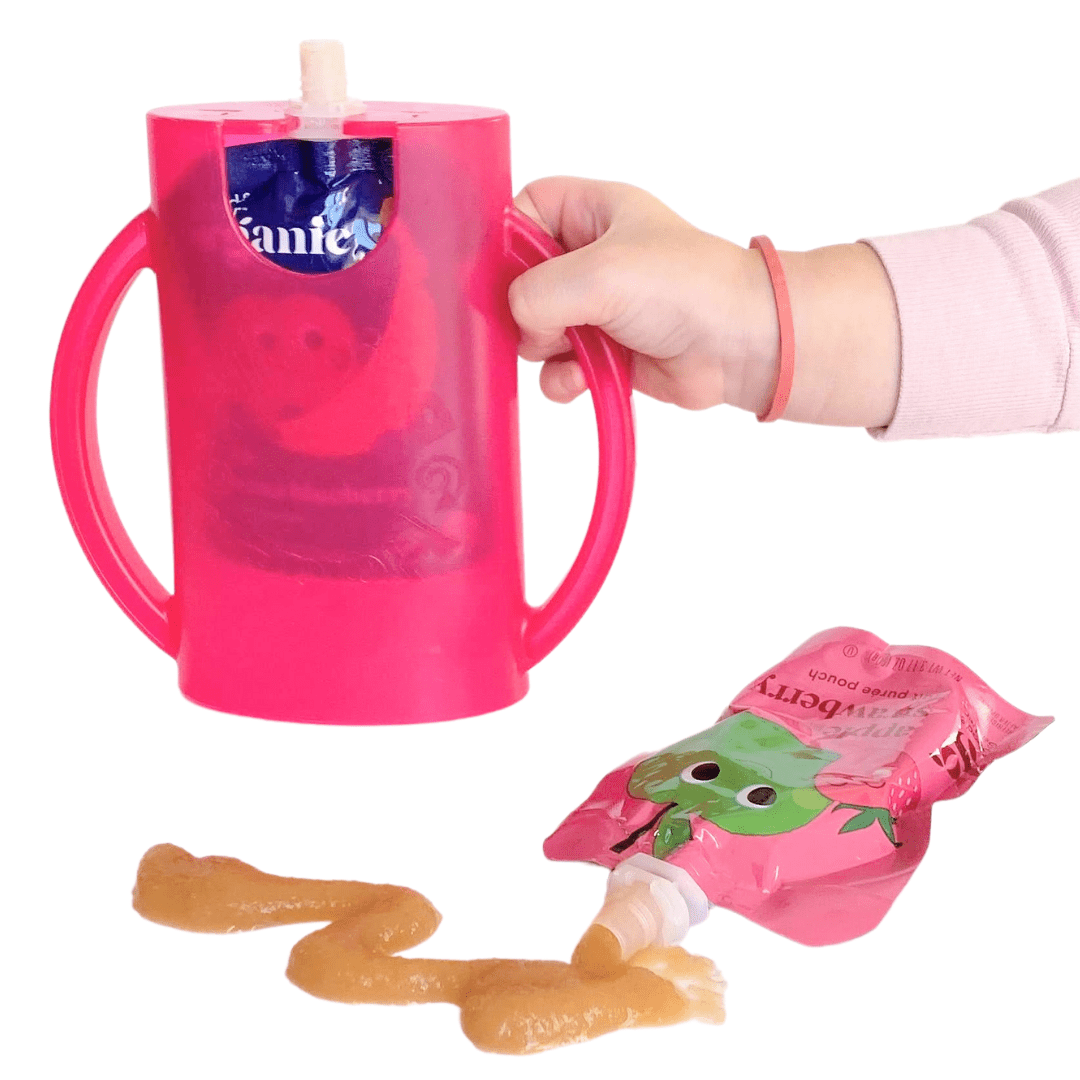 Squeeze Proof Flipping Holder ORIGINAL (without lid) for Food Pouches &amp; Juice Boxes (Purple) - Multipurpose Design - Prevent Messes &amp; Support Self-Feeding - Handles for Easy Grasping